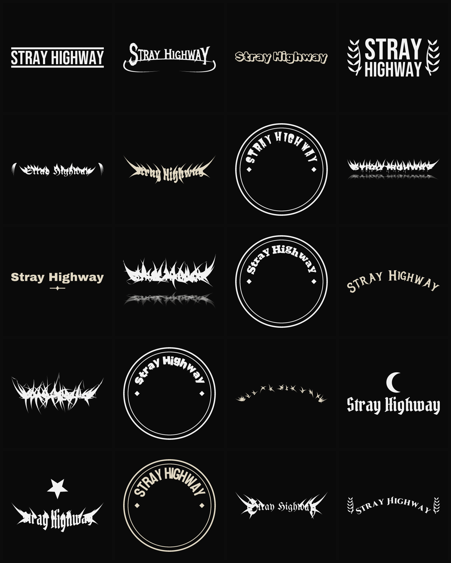 Twenty Stray Highway band logo ideas — different faces, treatments and spike settings