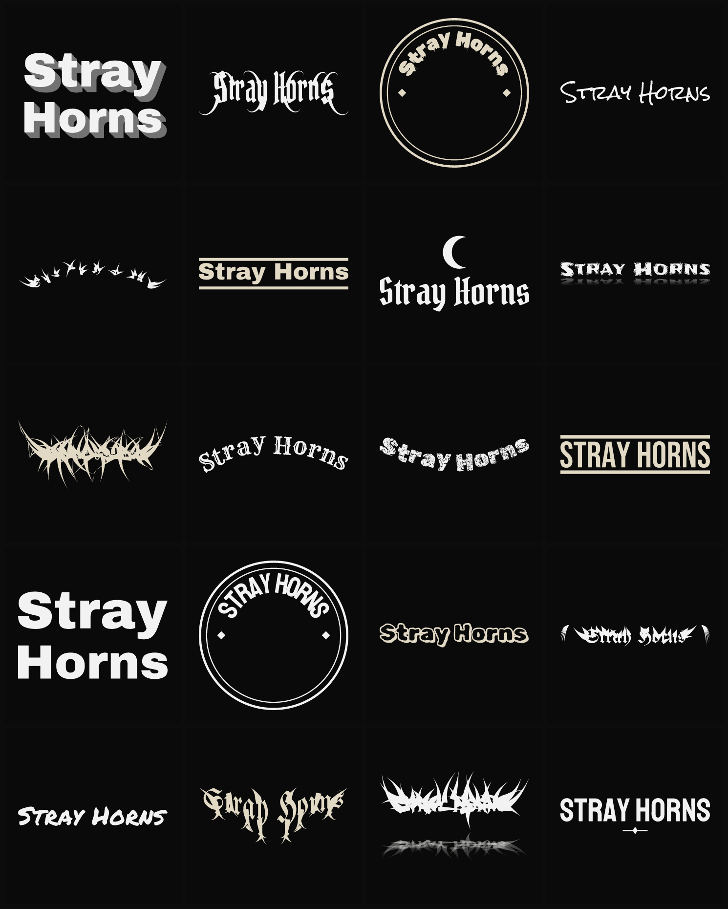 Twenty Stray Horns band logo ideas — different faces, treatments and spike settings