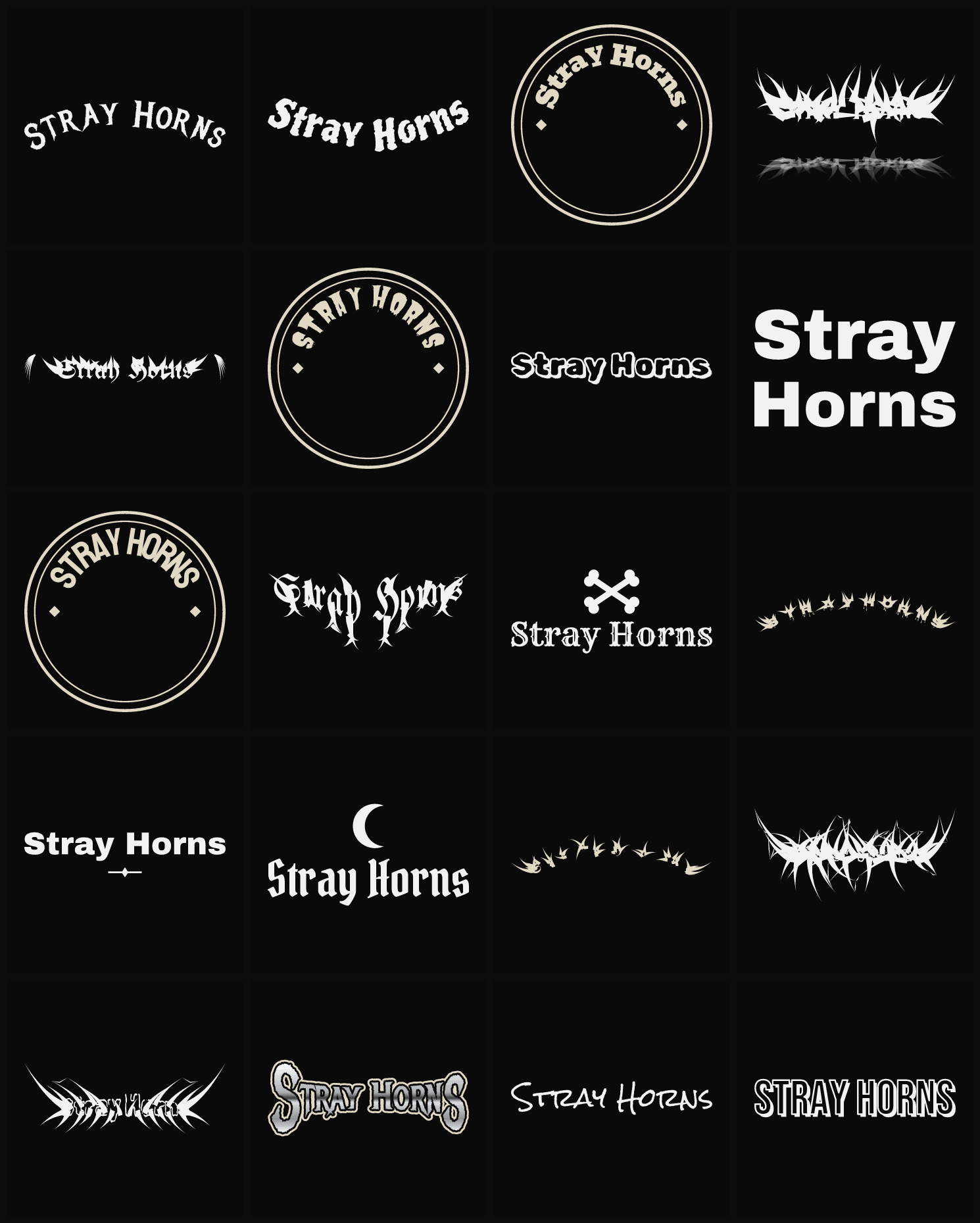 Twenty Stray Horns band logo ideas — different faces, treatments and spike settings