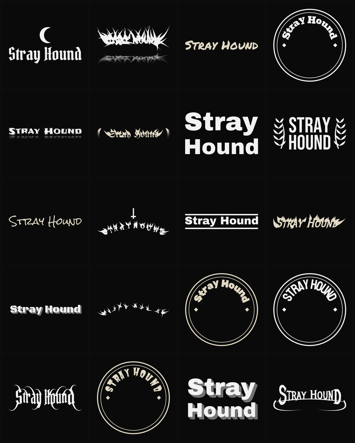 Twenty Stray Hound band logo ideas — different faces, treatments and spike settings