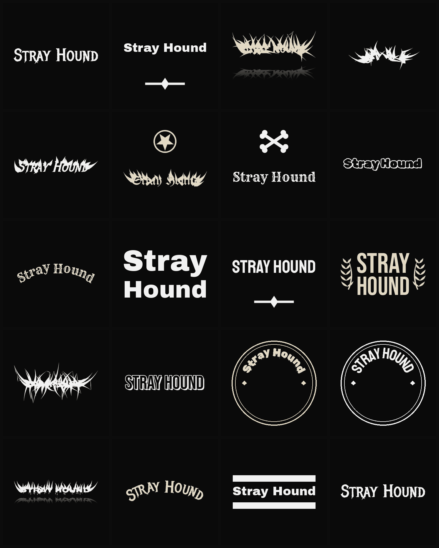 Twenty Stray Hound band logo ideas — different faces, treatments and spike settings