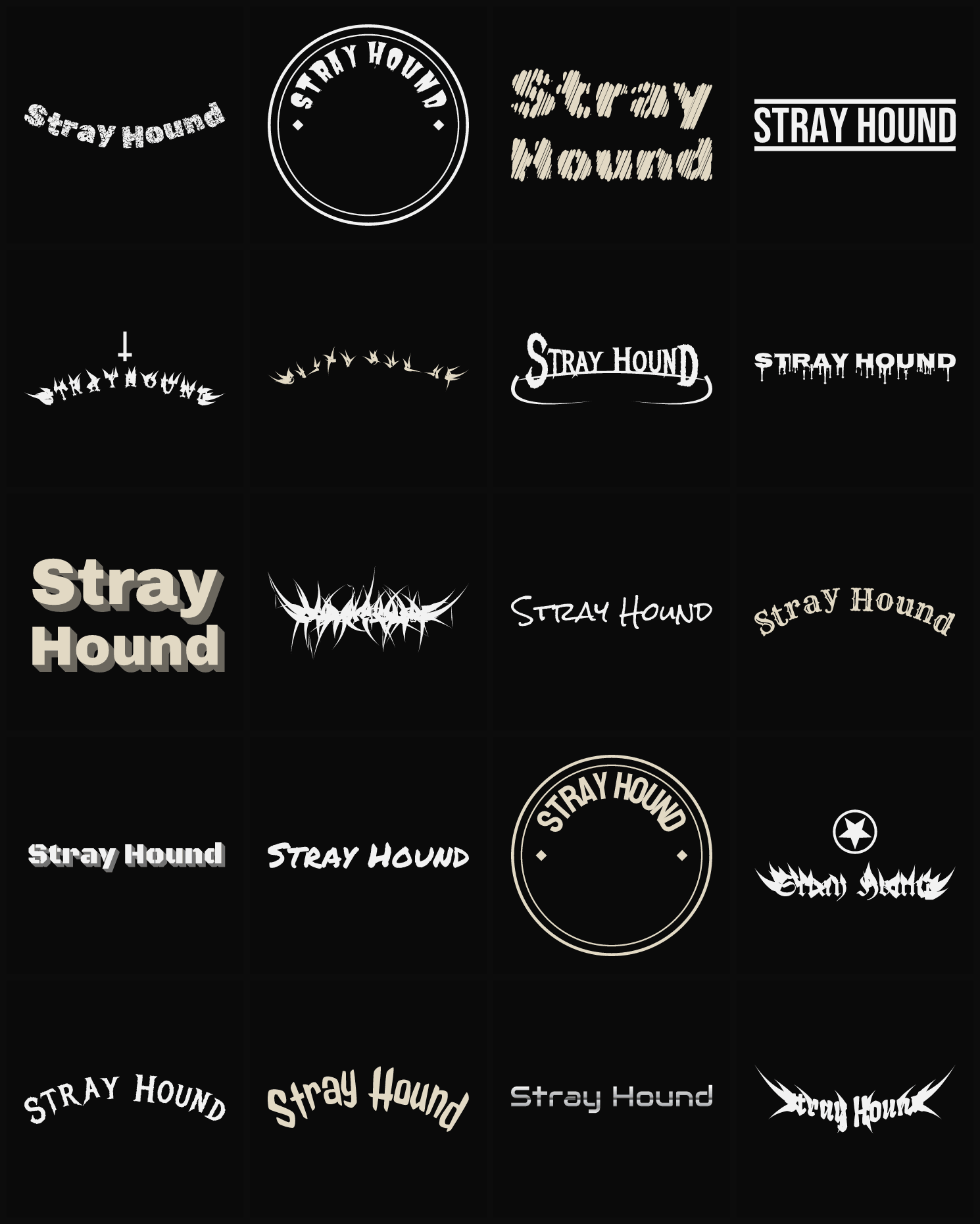 Twenty Stray Hound band logo ideas — different faces, treatments and spike settings