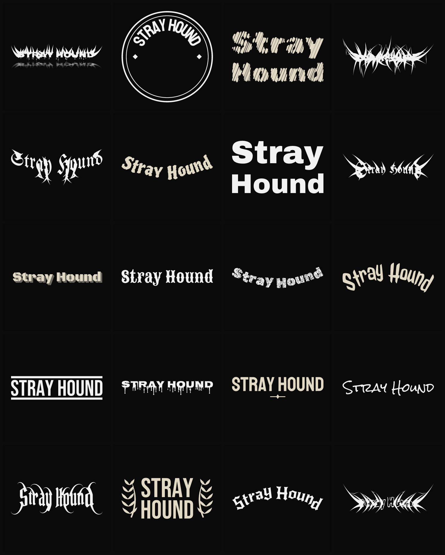 Twenty Stray Hound band logo ideas — different faces, treatments and spike settings