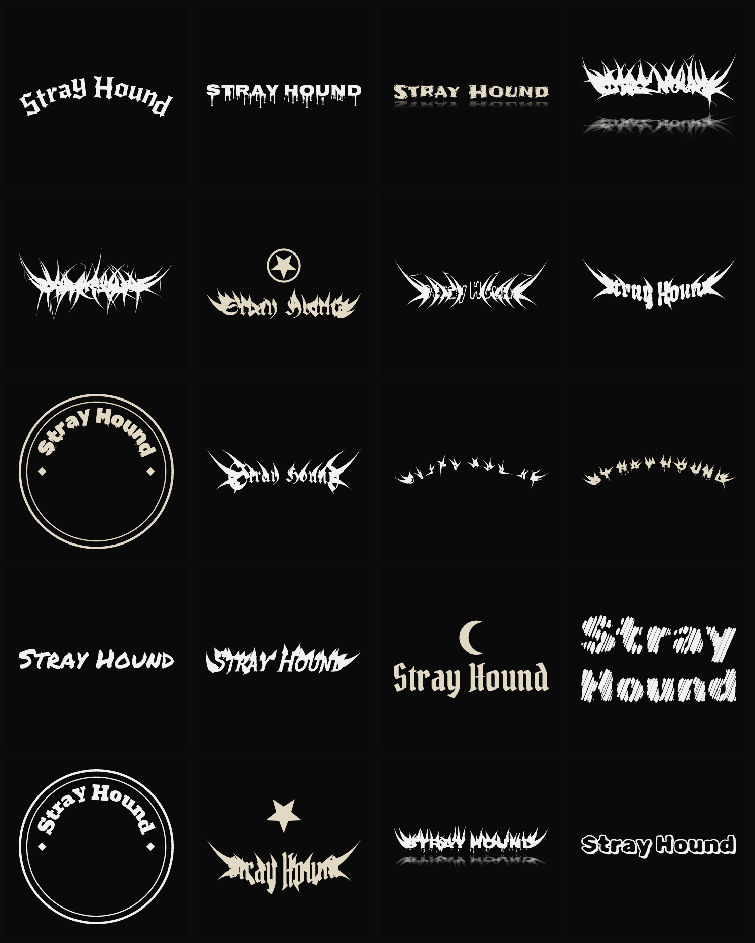 Twenty Stray Hound band logo ideas — different faces, treatments and spike settings