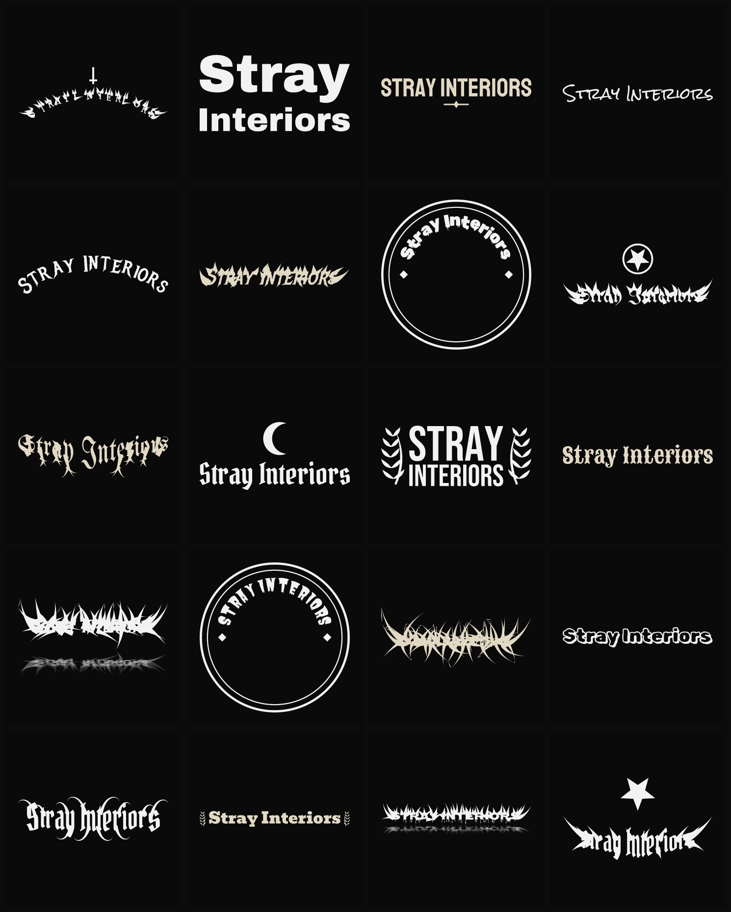 Twenty Stray Interiors band logo ideas — different faces, treatments and spike settings