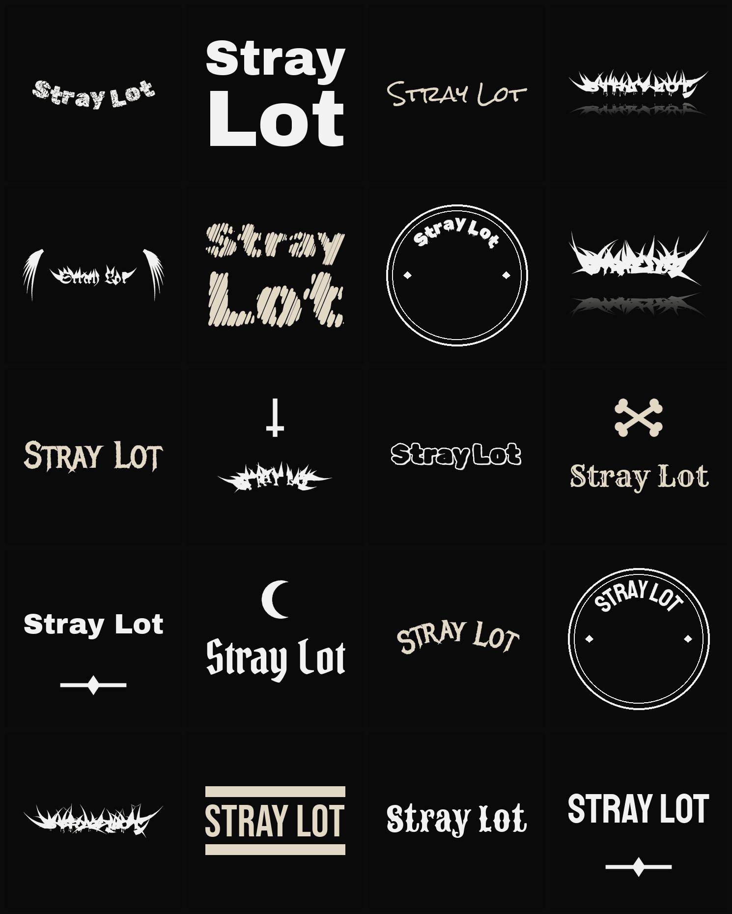 Twenty Stray Lot band logo ideas — different faces, treatments and spike settings