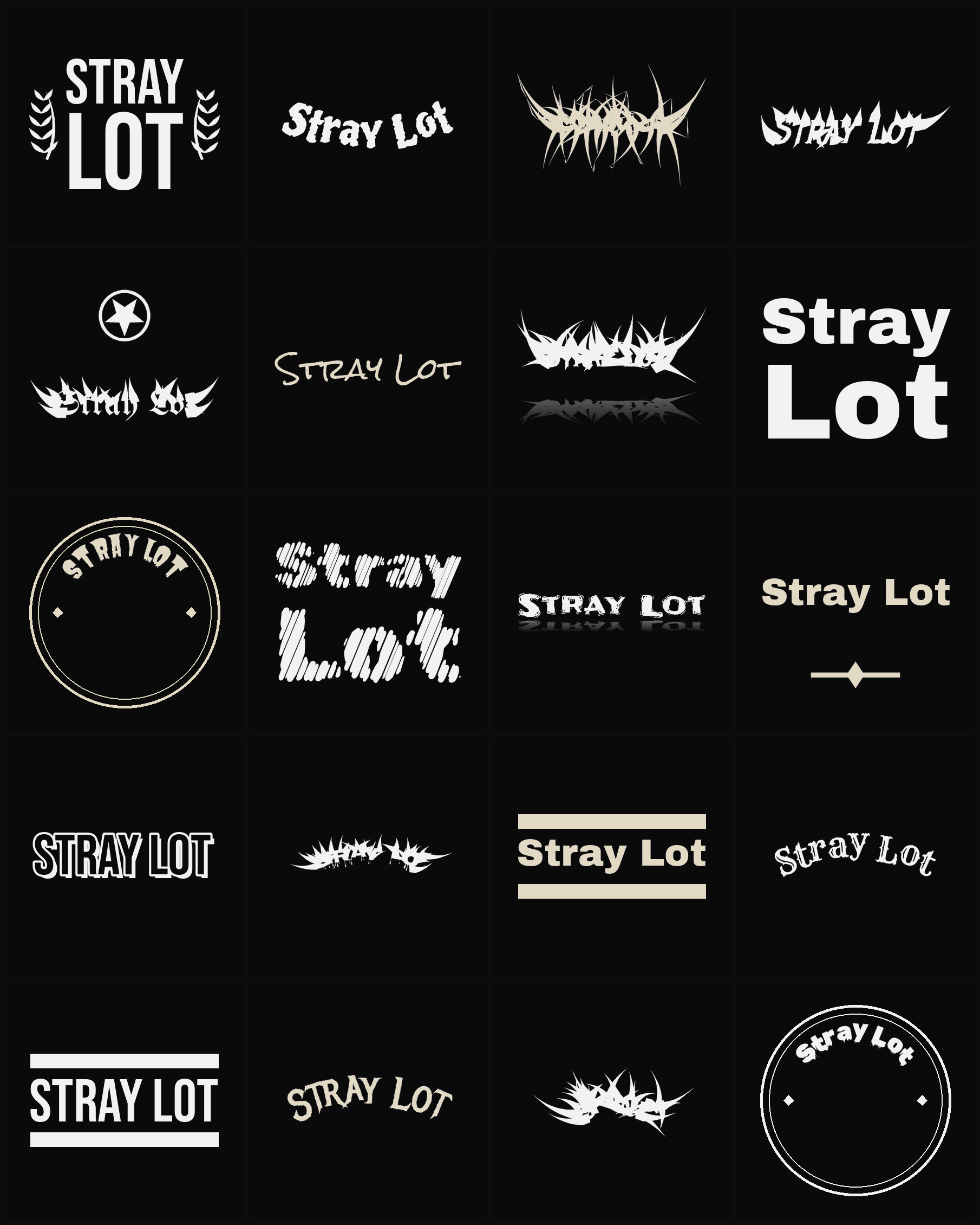 Twenty Stray Lot band logo ideas — different faces, treatments and spike settings