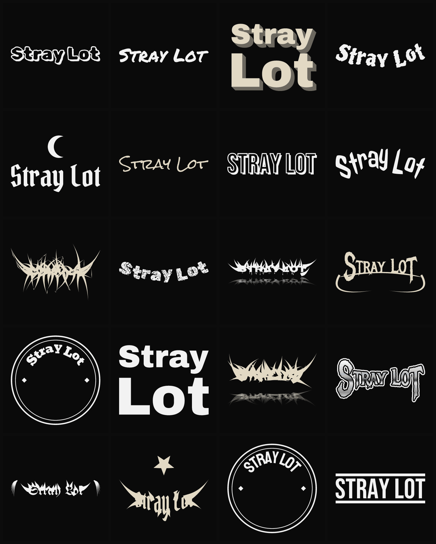 Twenty Stray Lot band logo ideas — different faces, treatments and spike settings