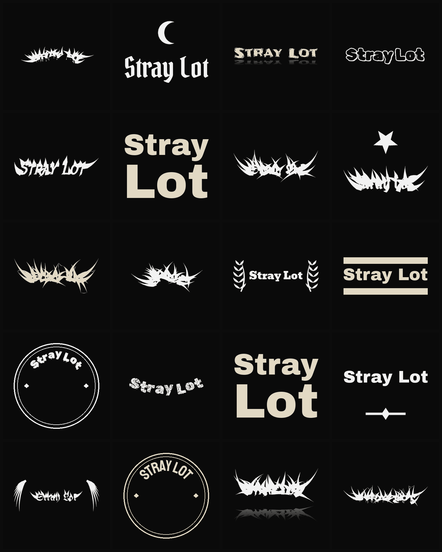 Twenty Stray Lot band logo ideas — different faces, treatments and spike settings