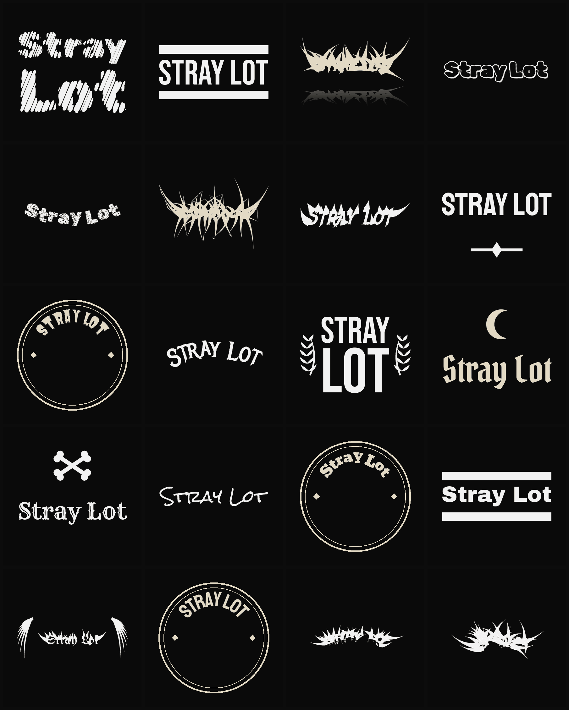 Twenty Stray Lot band logo ideas — different faces, treatments and spike settings