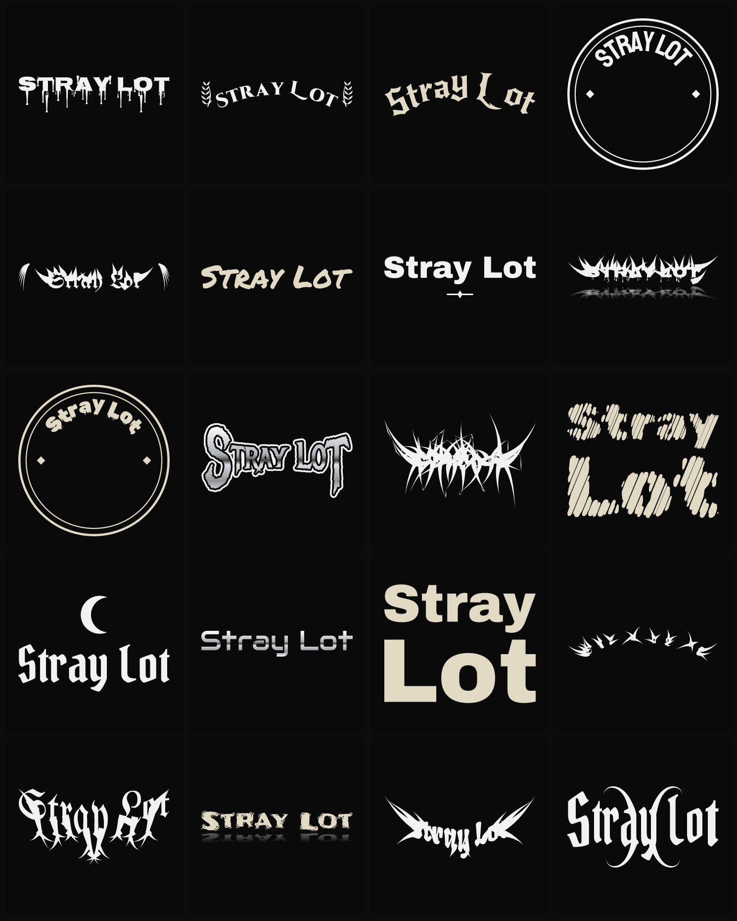 Twenty Stray Lot band logo ideas — different faces, treatments and spike settings