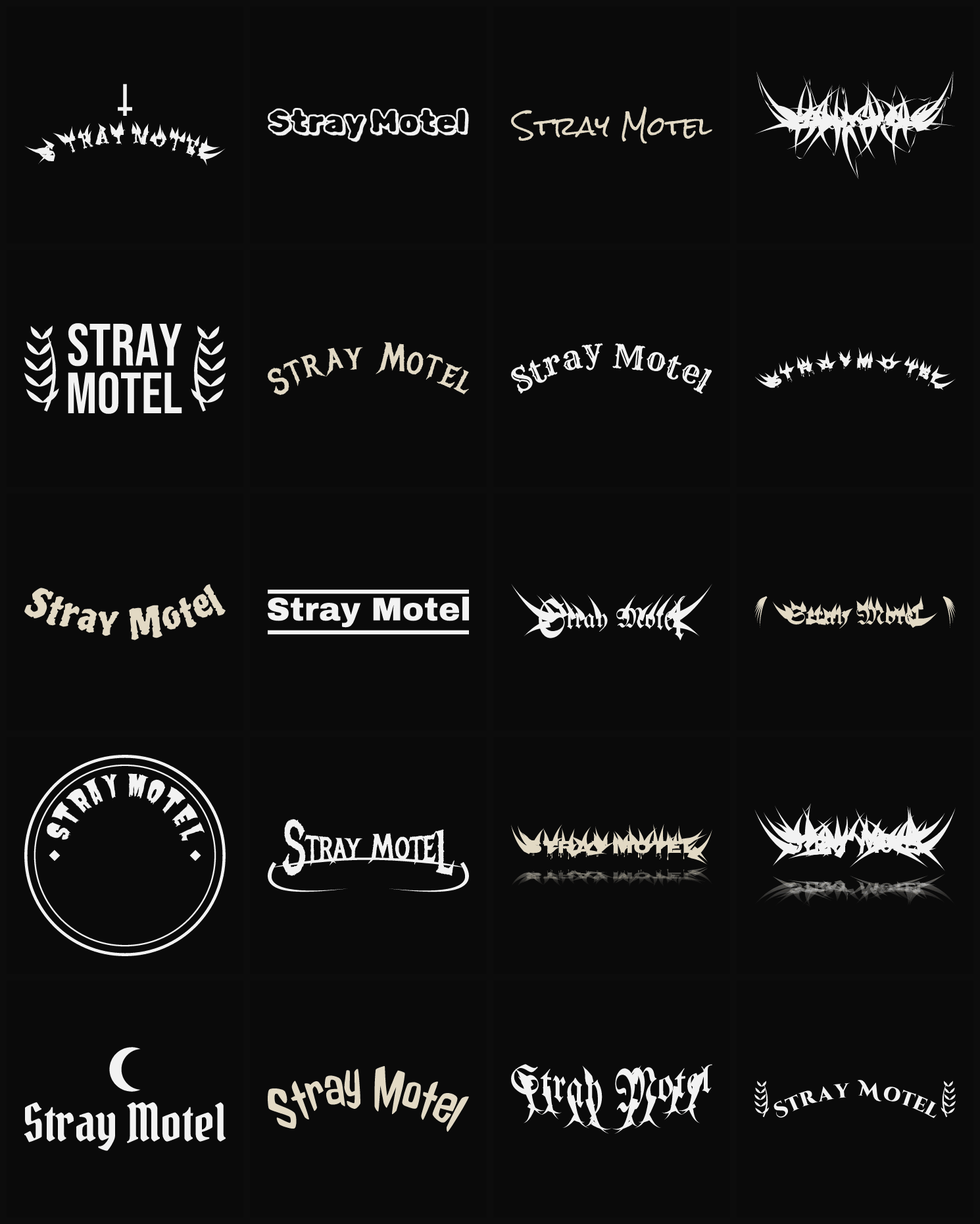 Twenty Stray Motel band logo ideas — different faces, treatments and spike settings