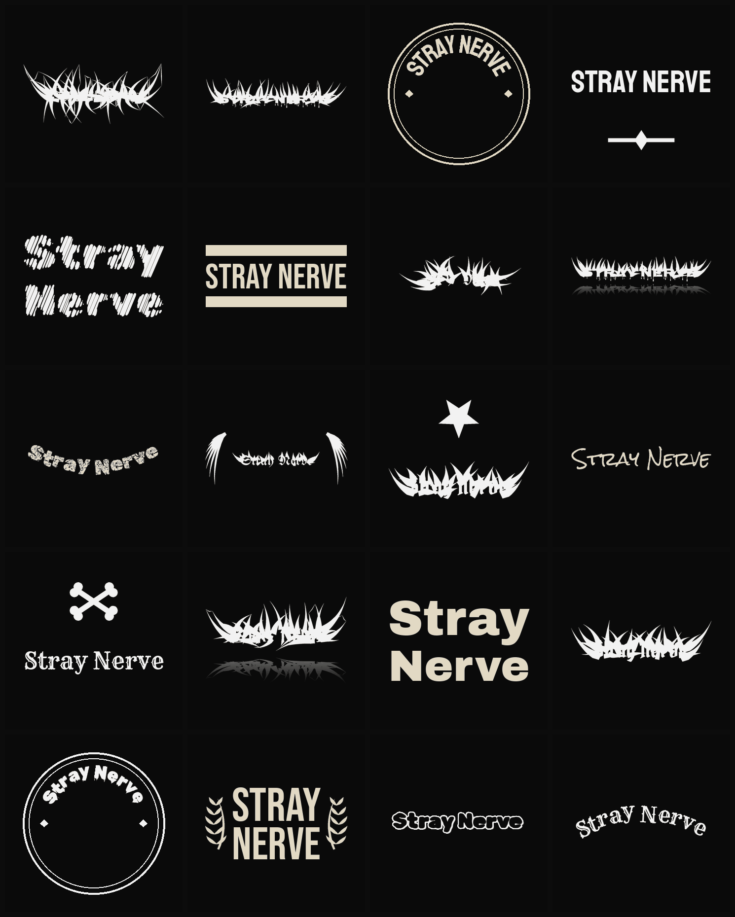 Twenty Stray Nerve band logo ideas — different faces, treatments and spike settings
