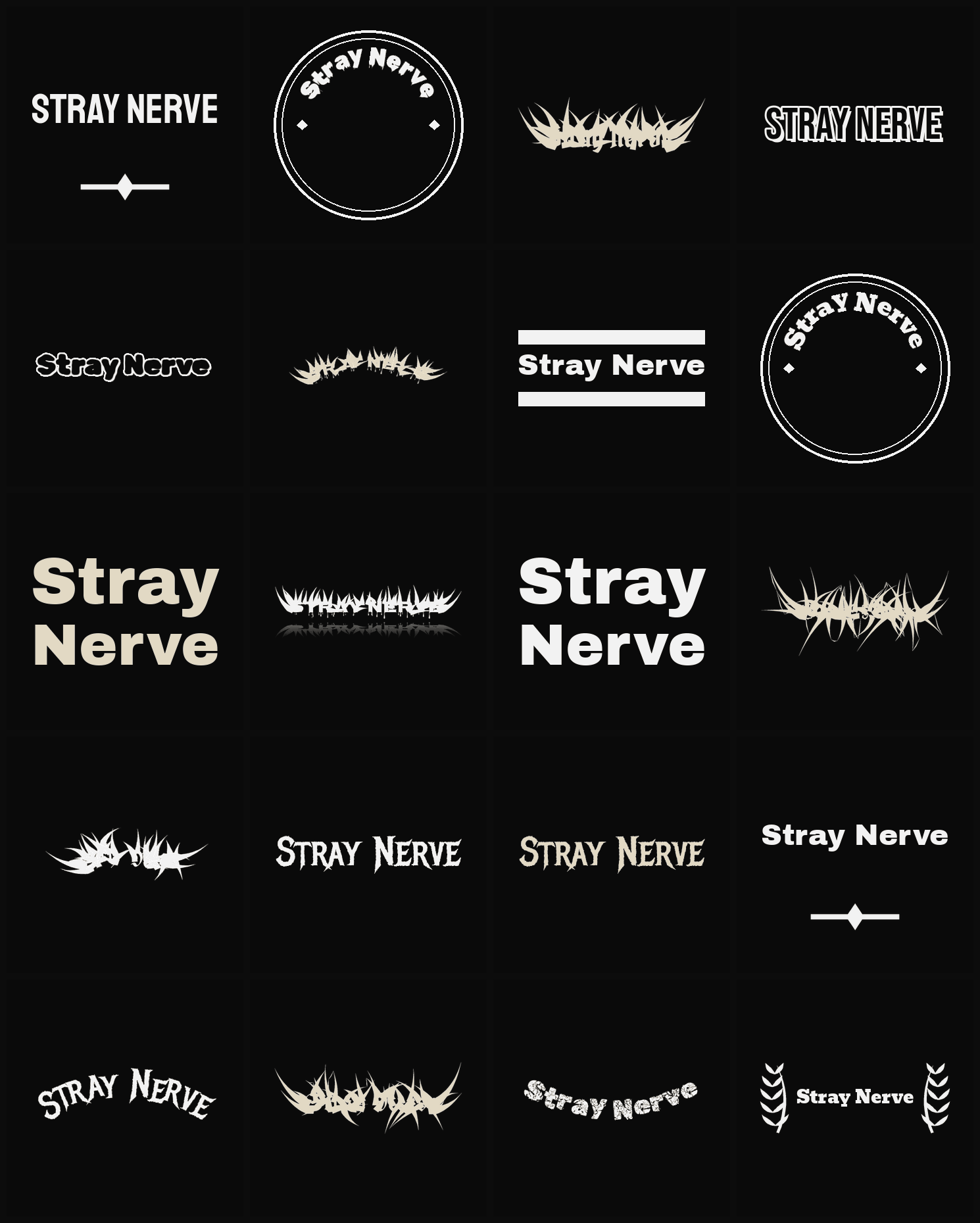 Twenty Stray Nerve band logo ideas — different faces, treatments and spike settings