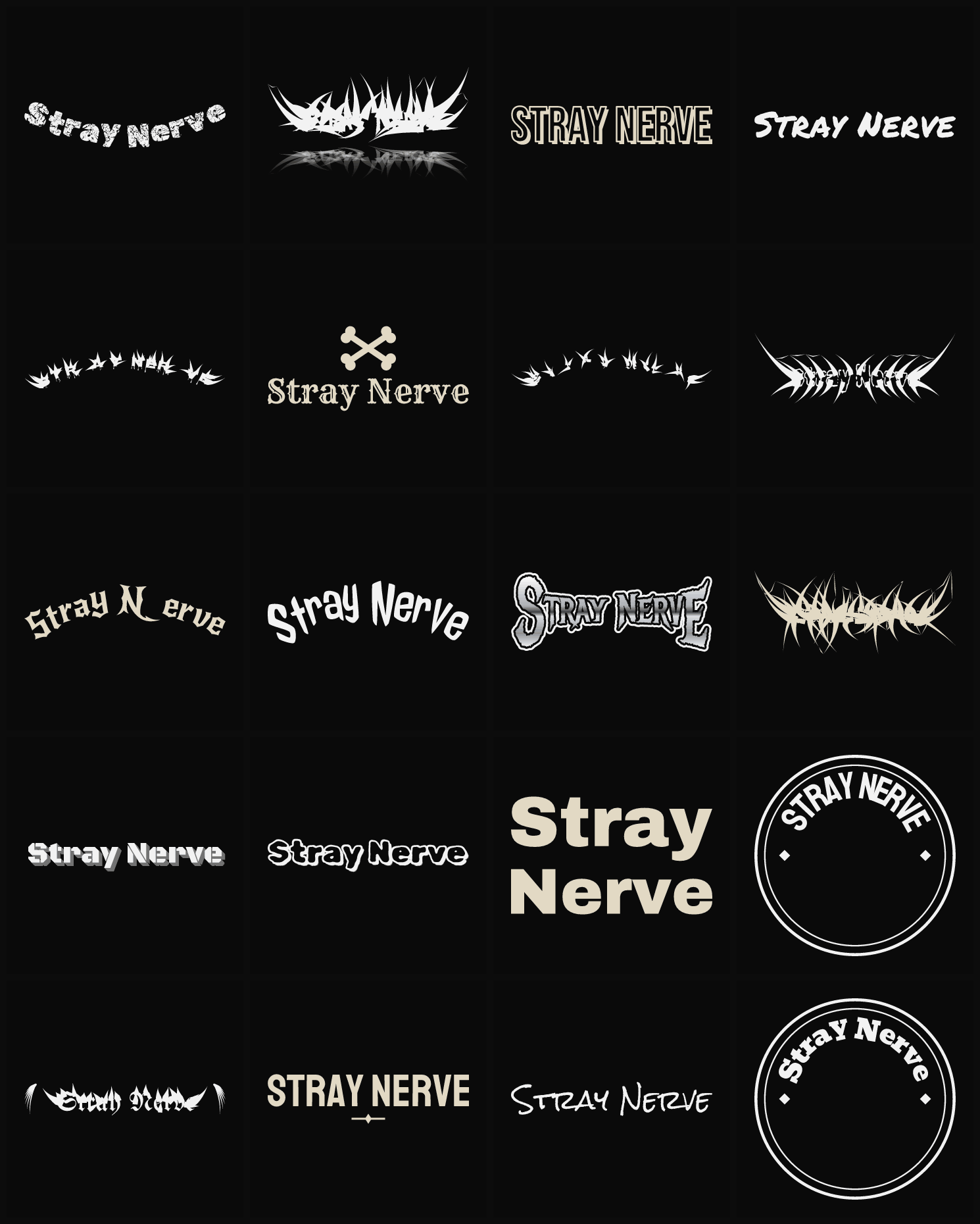 Twenty Stray Nerve band logo ideas — different faces, treatments and spike settings
