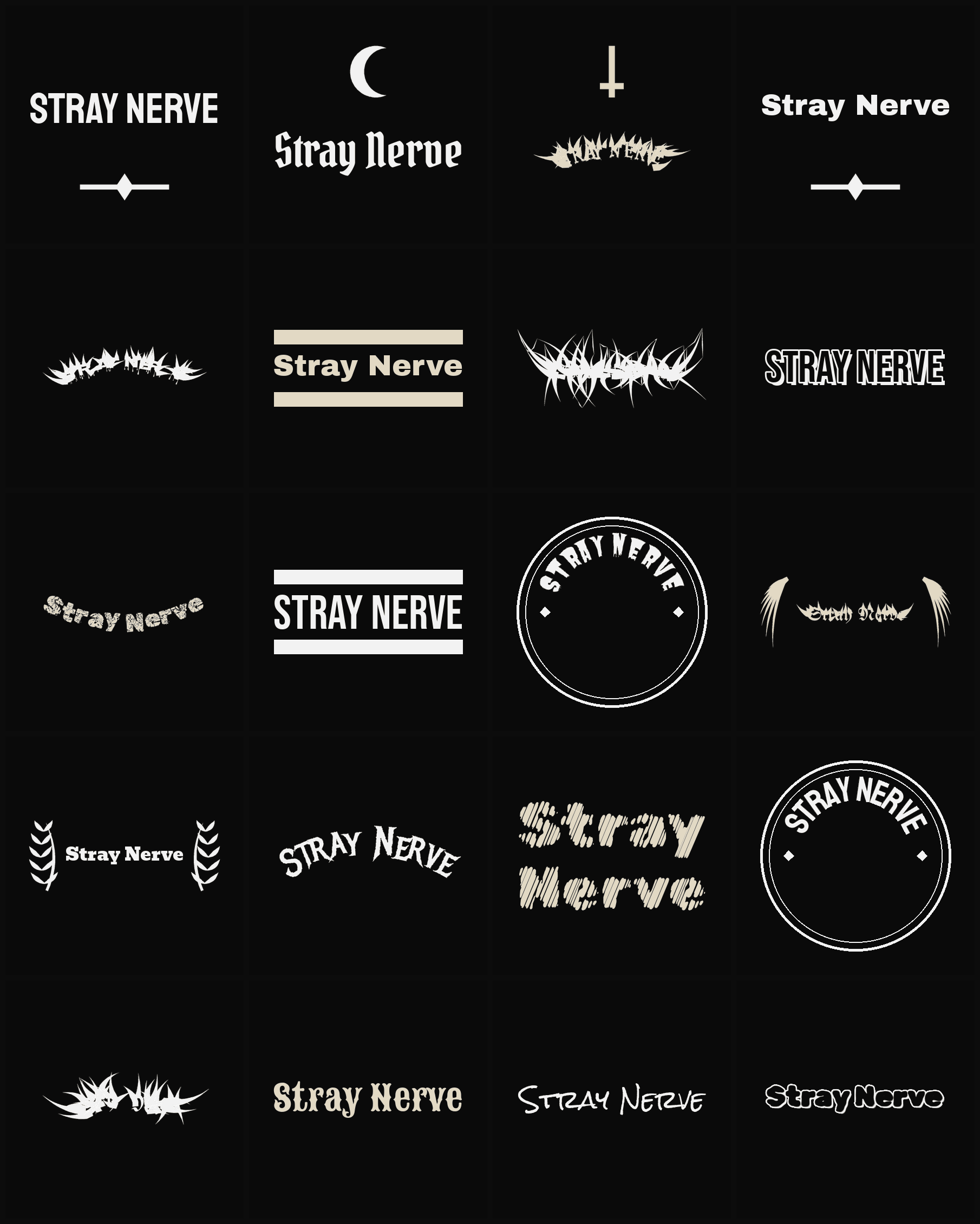 Twenty Stray Nerve band logo ideas — different faces, treatments and spike settings