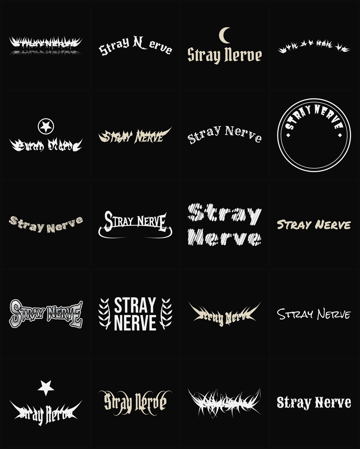 Twenty Stray Nerve band logo ideas — different faces, treatments and spike settings
