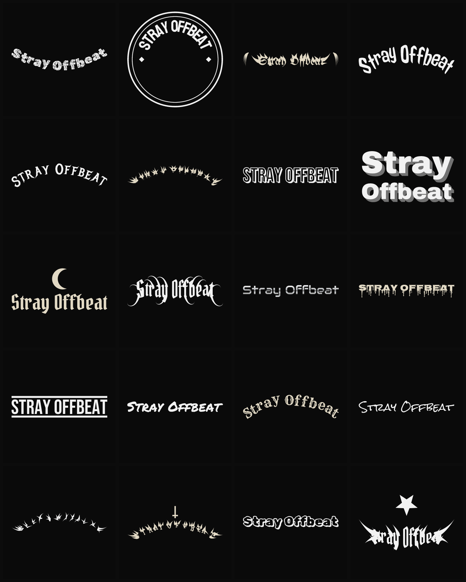 Twenty Stray Offbeat band logo ideas — different faces, treatments and spike settings
