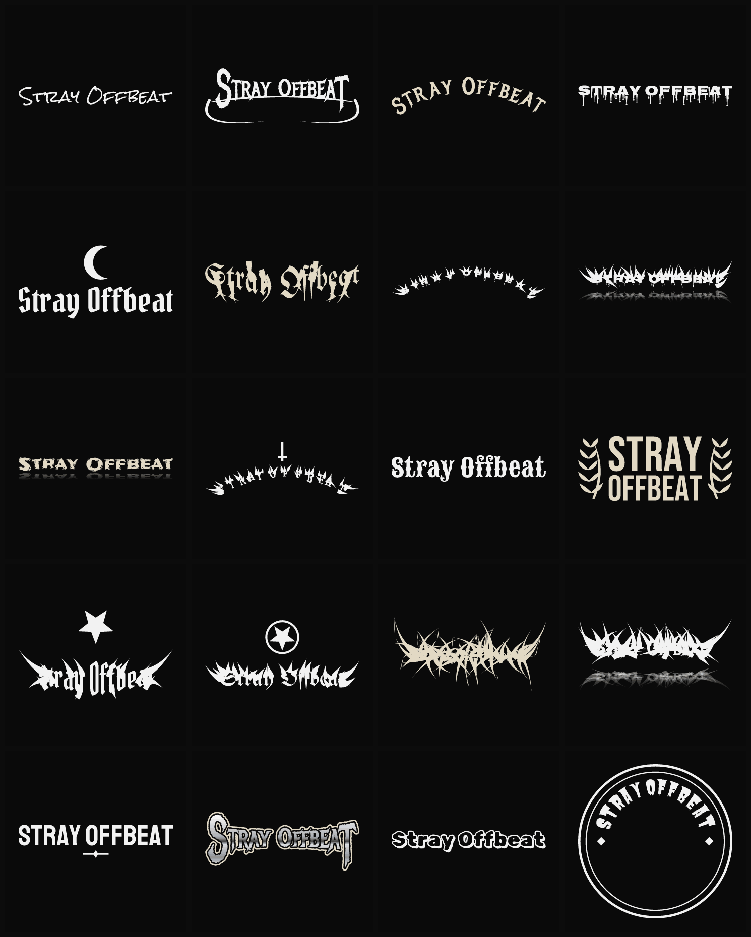 Twenty Stray Offbeat band logo ideas — different faces, treatments and spike settings