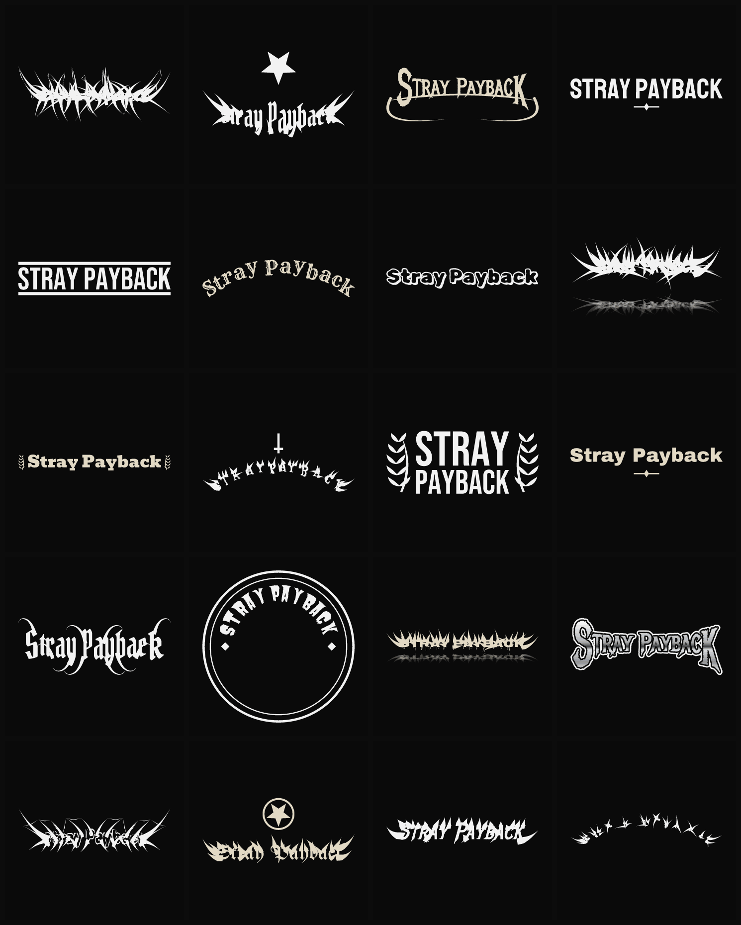 Twenty Stray Payback band logo ideas — different faces, treatments and spike settings