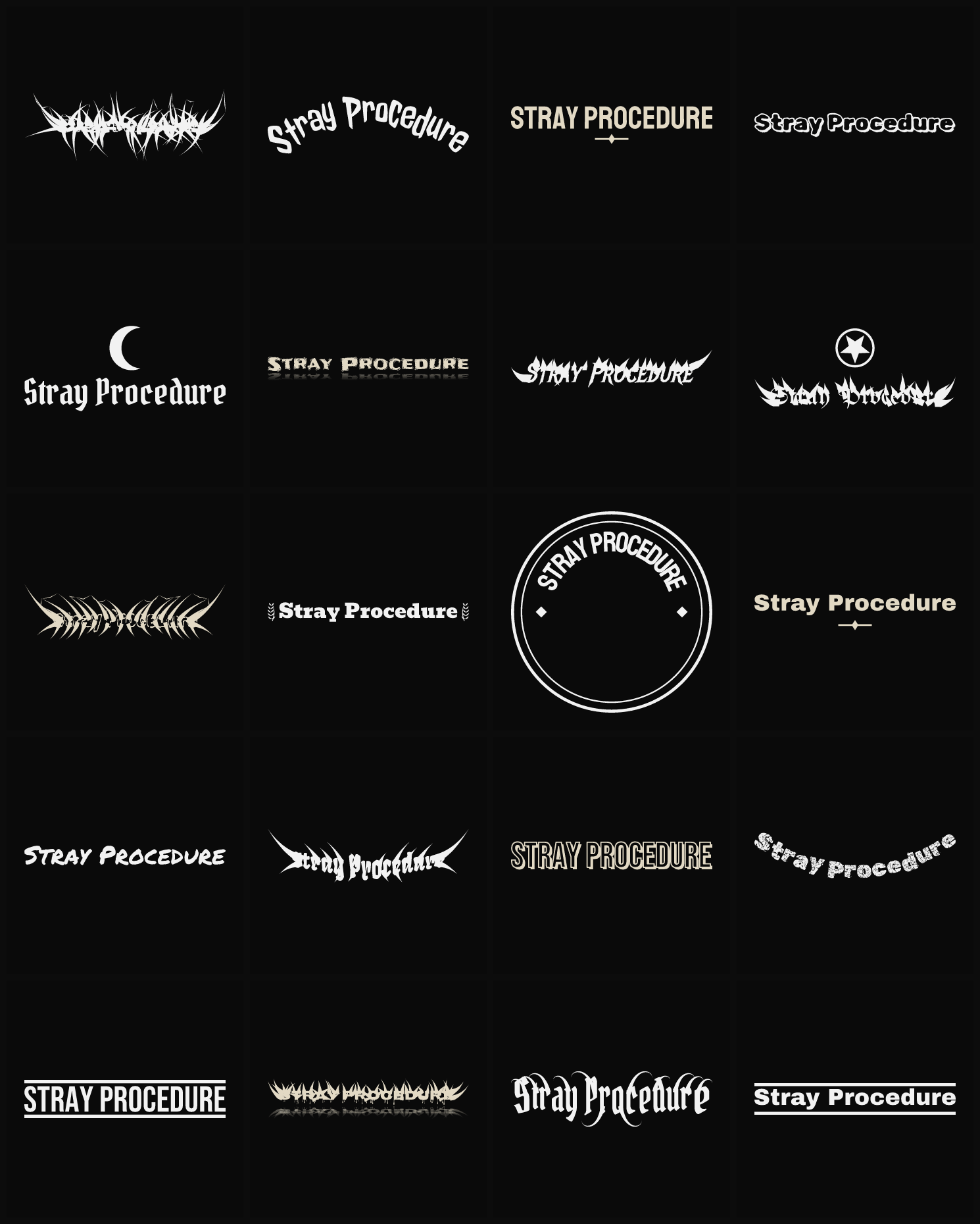 Twenty Stray Procedure band logo ideas — different faces, treatments and spike settings