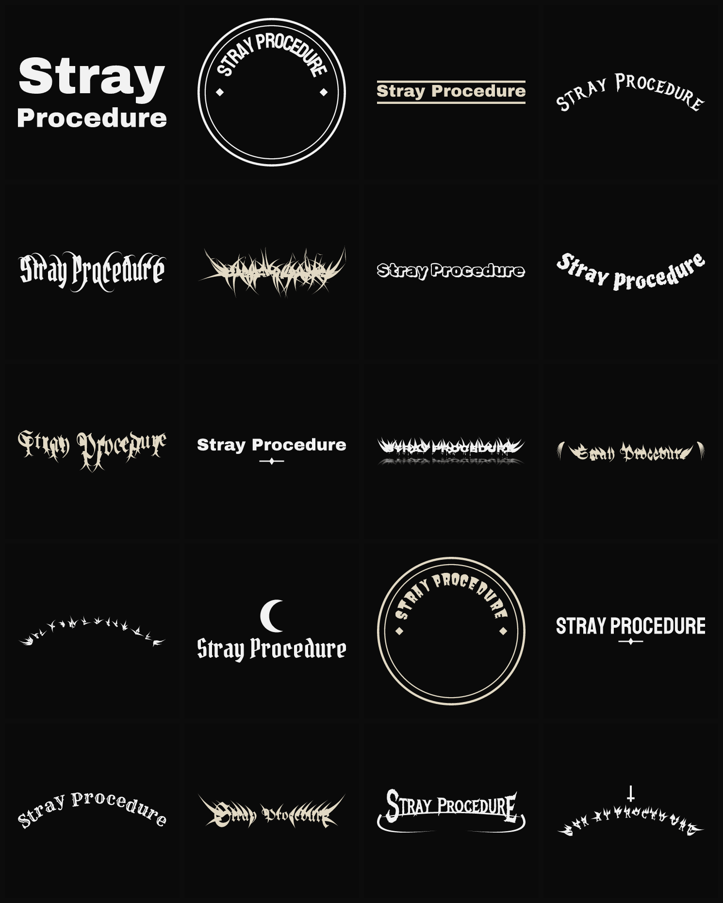 Twenty Stray Procedure band logo ideas — different faces, treatments and spike settings