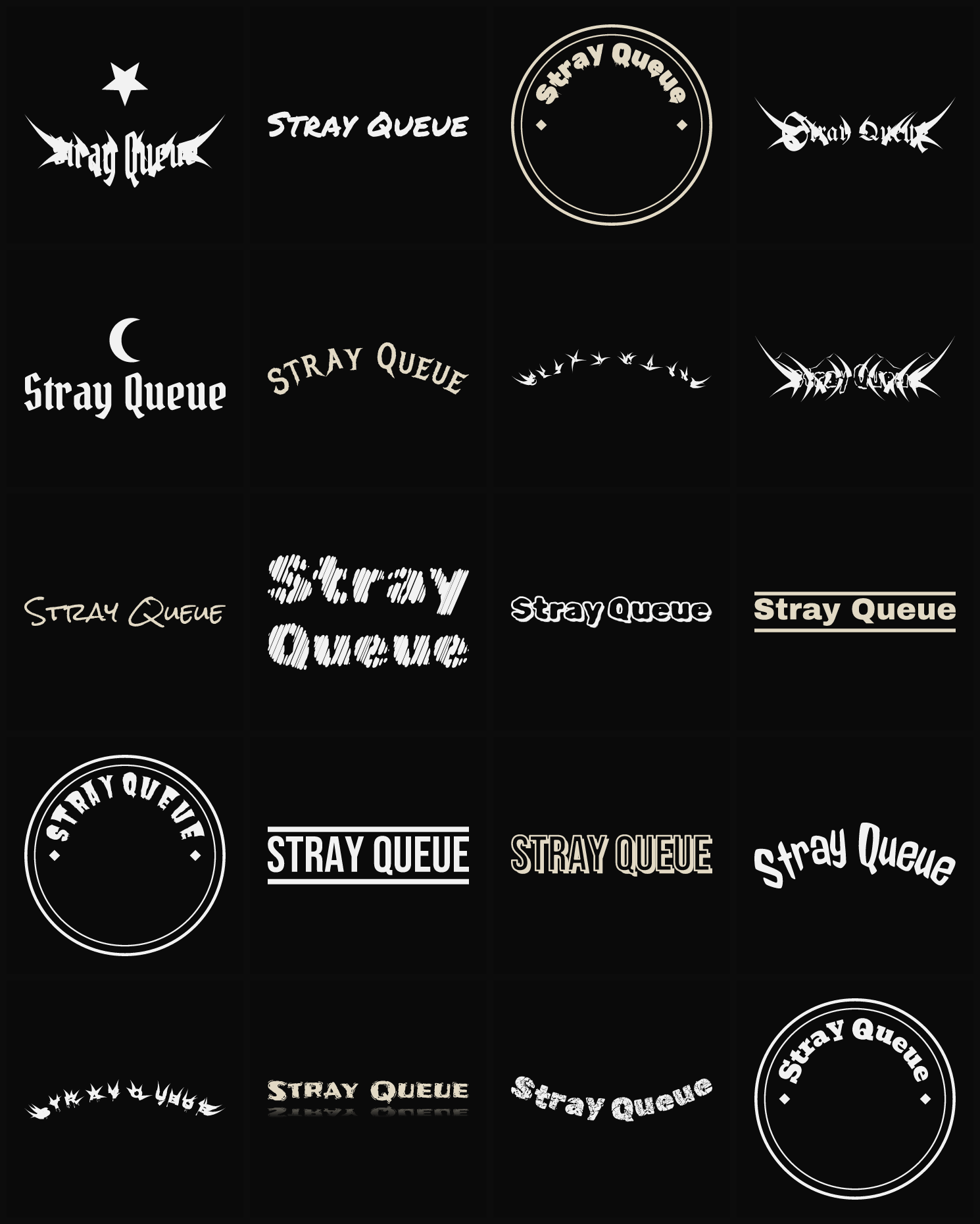 Twenty Stray Queue band logo ideas — different faces, treatments and spike settings
