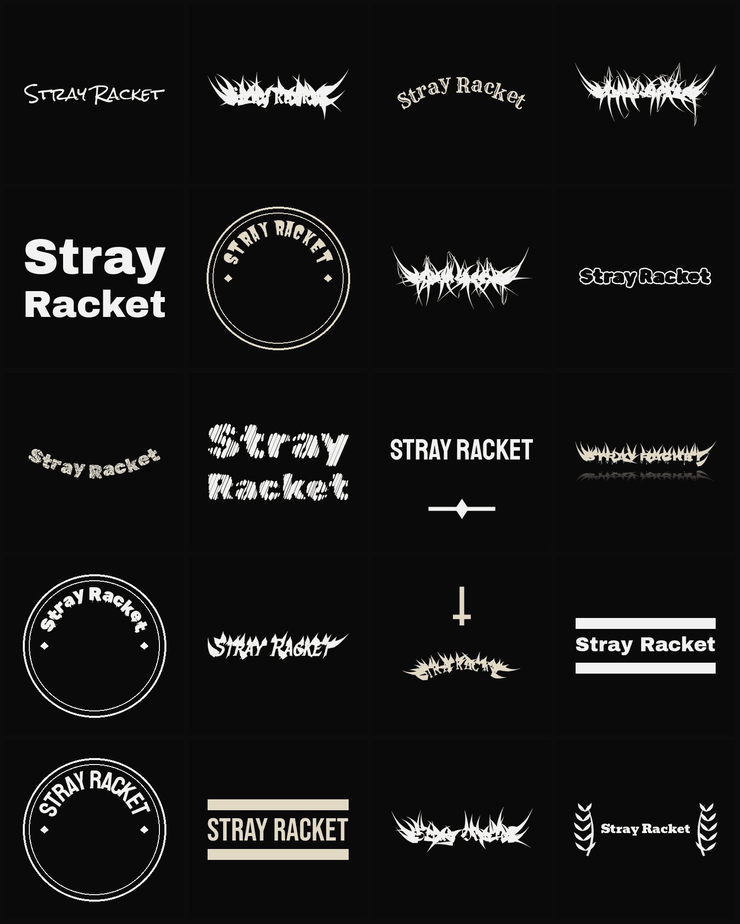 Twenty Stray Racket band logo ideas — different faces, treatments and spike settings