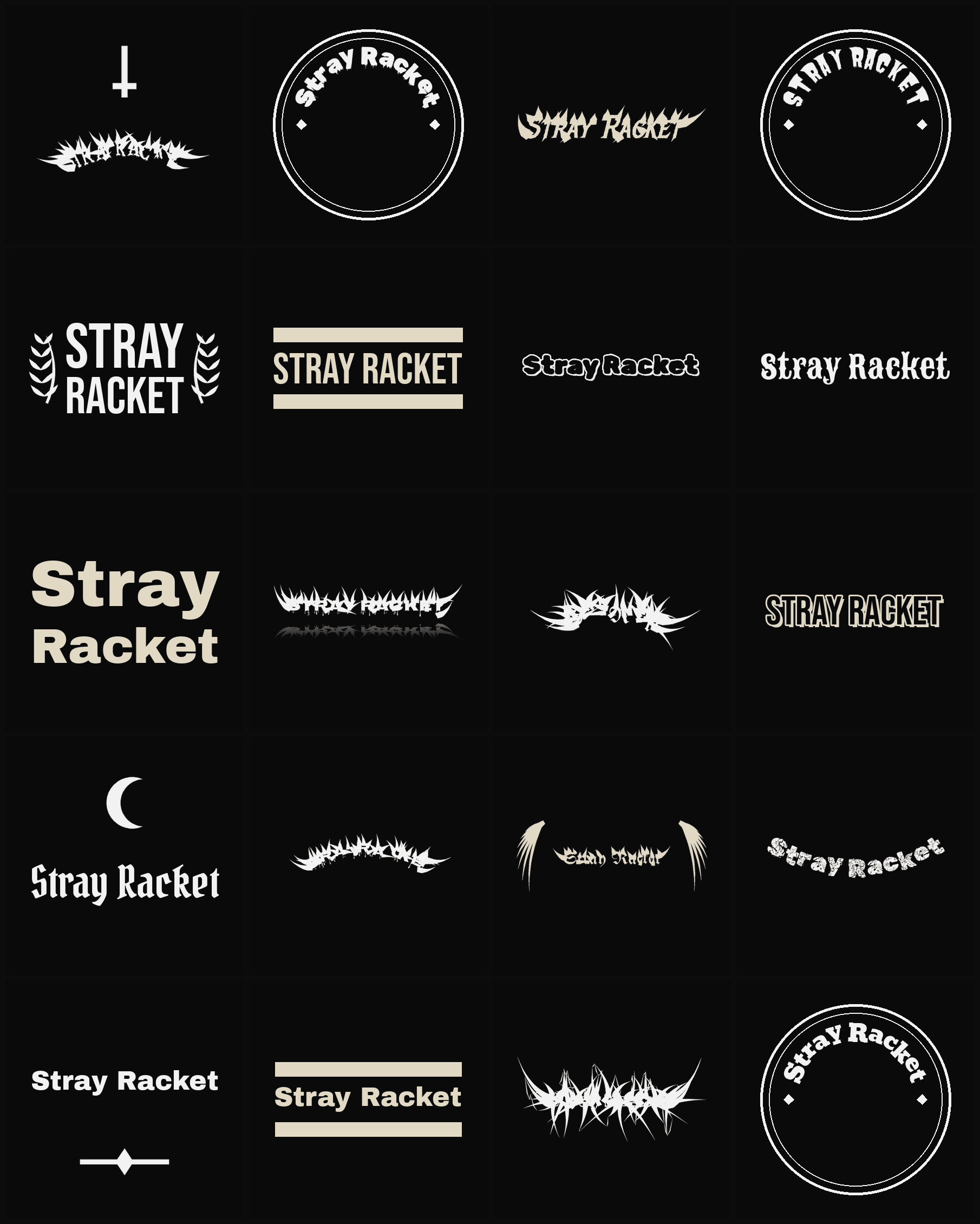 Twenty Stray Racket band logo ideas — different faces, treatments and spike settings