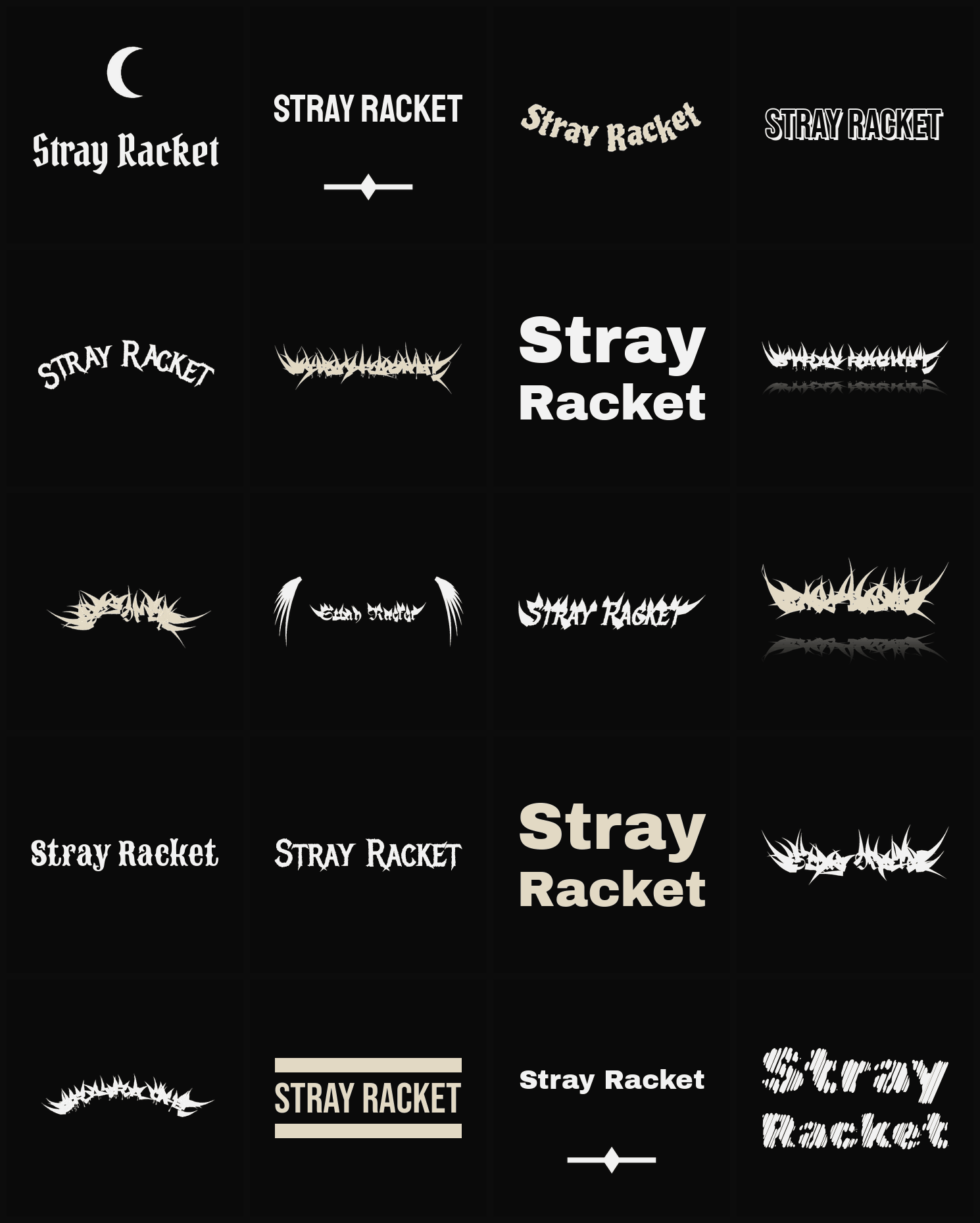 Twenty Stray Racket band logo ideas — different faces, treatments and spike settings