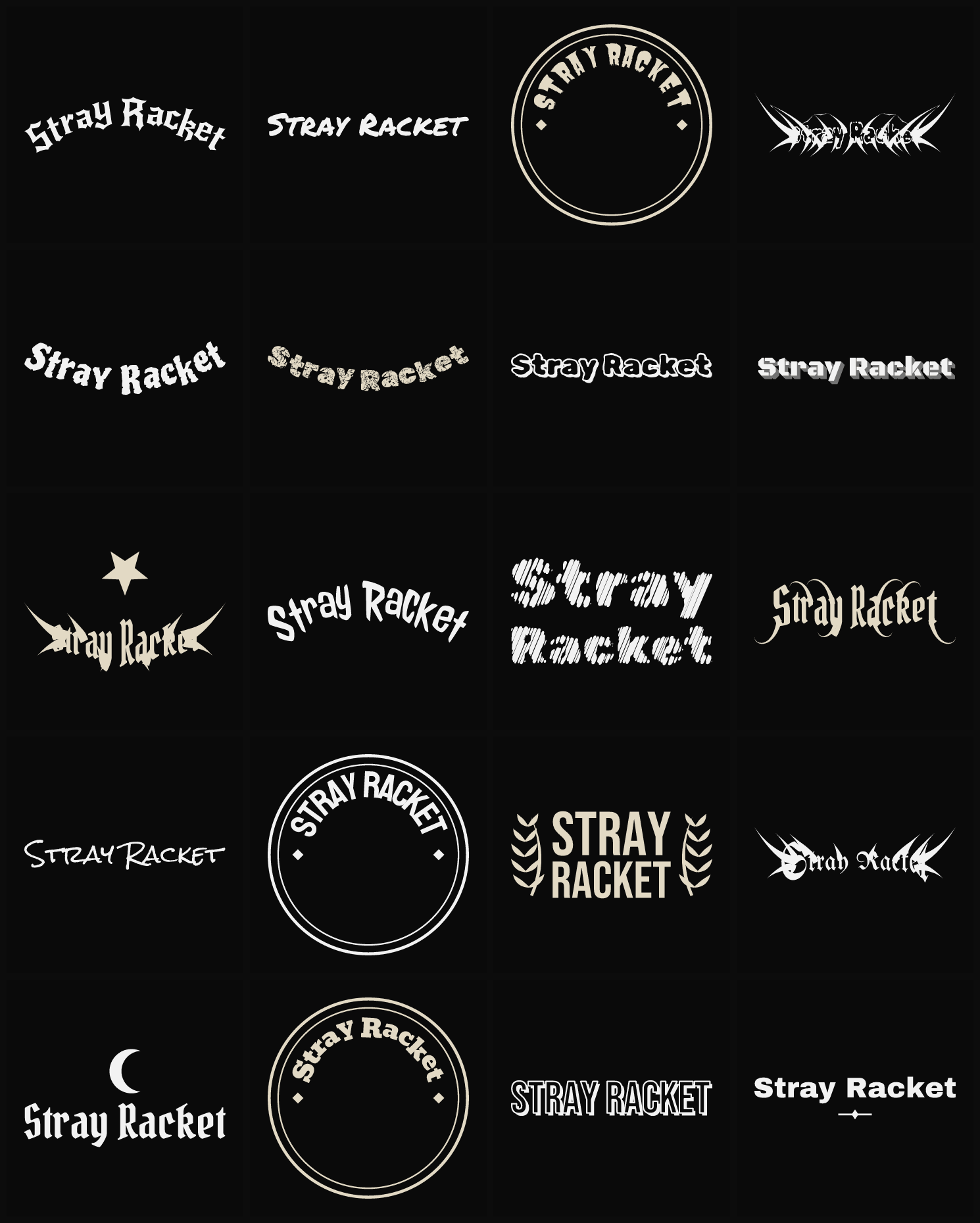 Twenty Stray Racket band logo ideas — different faces, treatments and spike settings