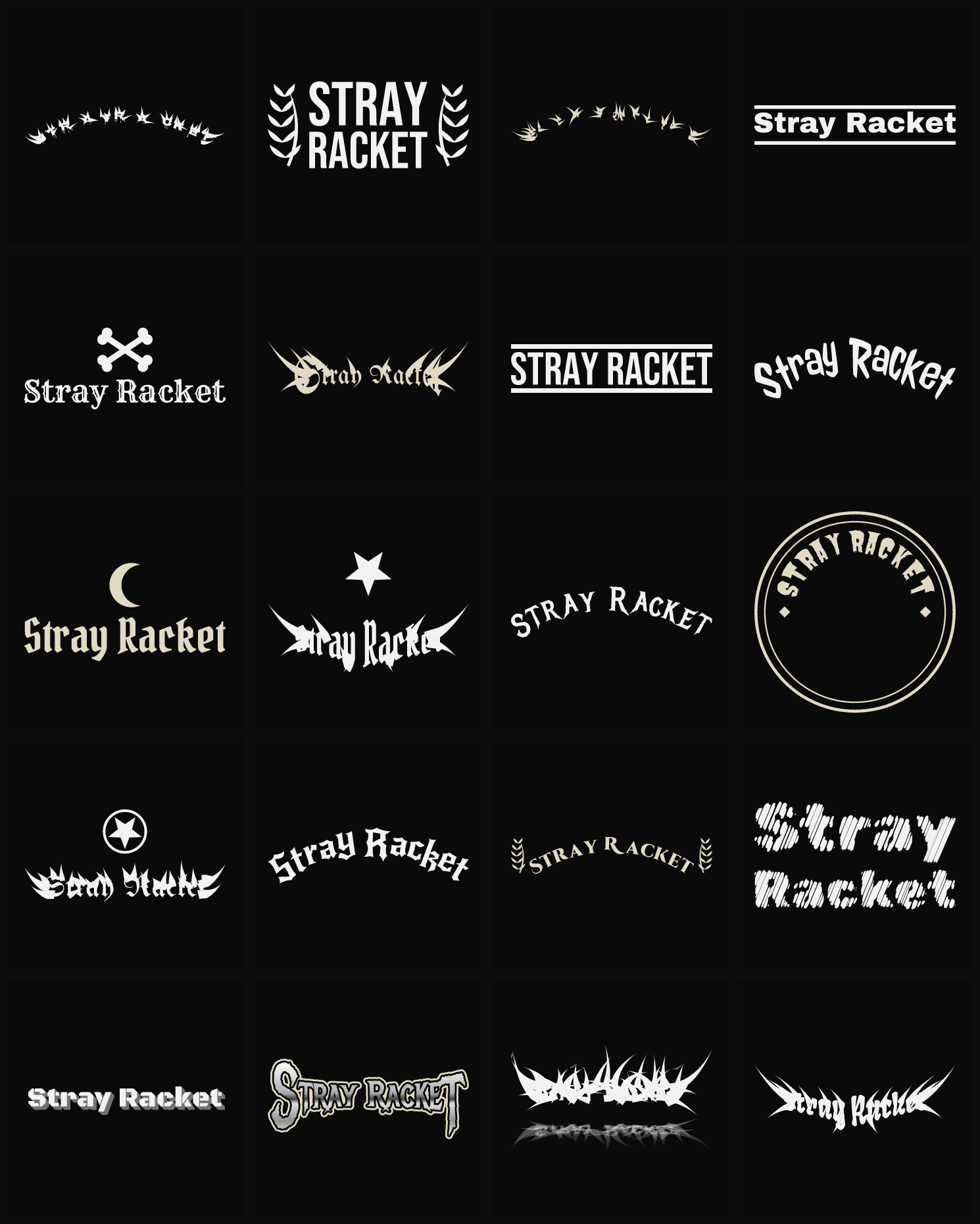 Twenty Stray Racket band logo ideas — different faces, treatments and spike settings