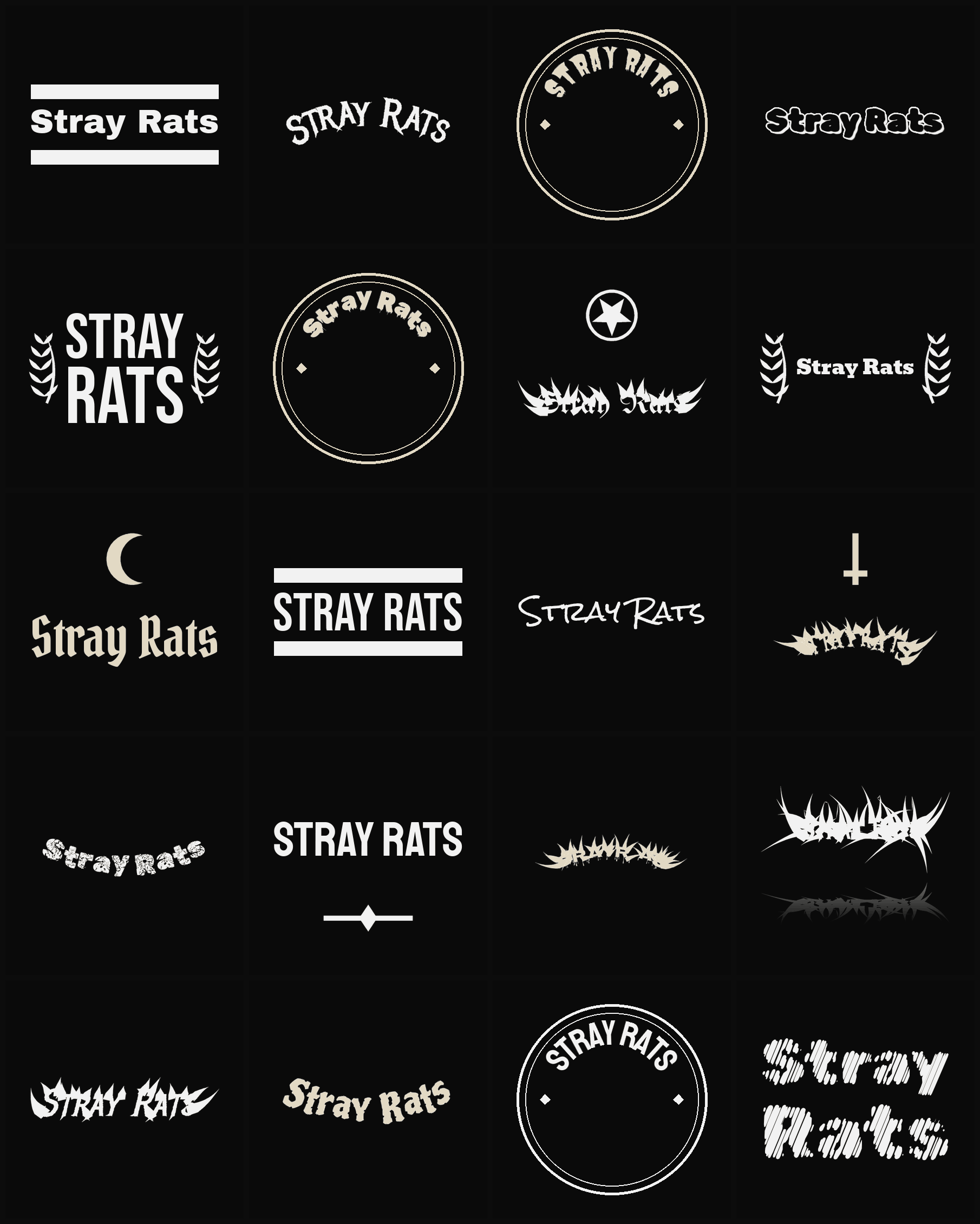 Twenty Stray Rats band logo ideas — different faces, treatments and spike settings