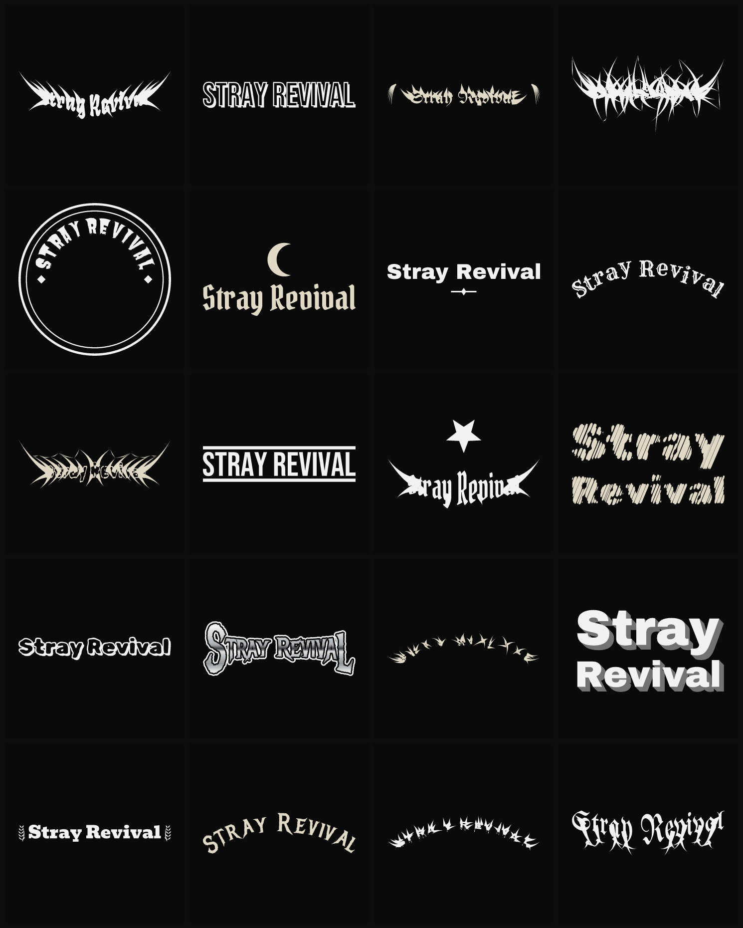 Twenty Stray Revival band logo ideas — different faces, treatments and spike settings