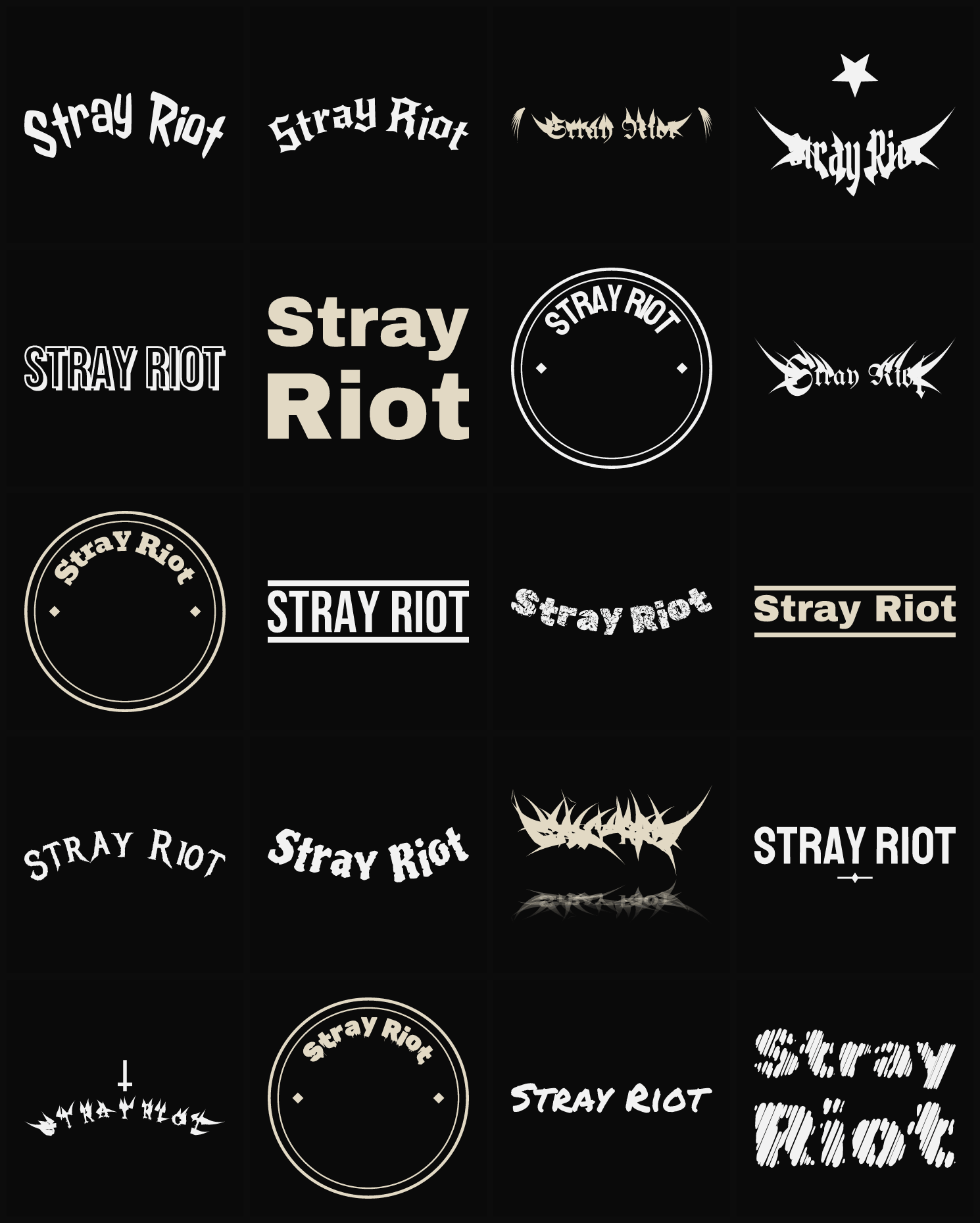 Twenty Stray Riot band logo ideas — different faces, treatments and spike settings