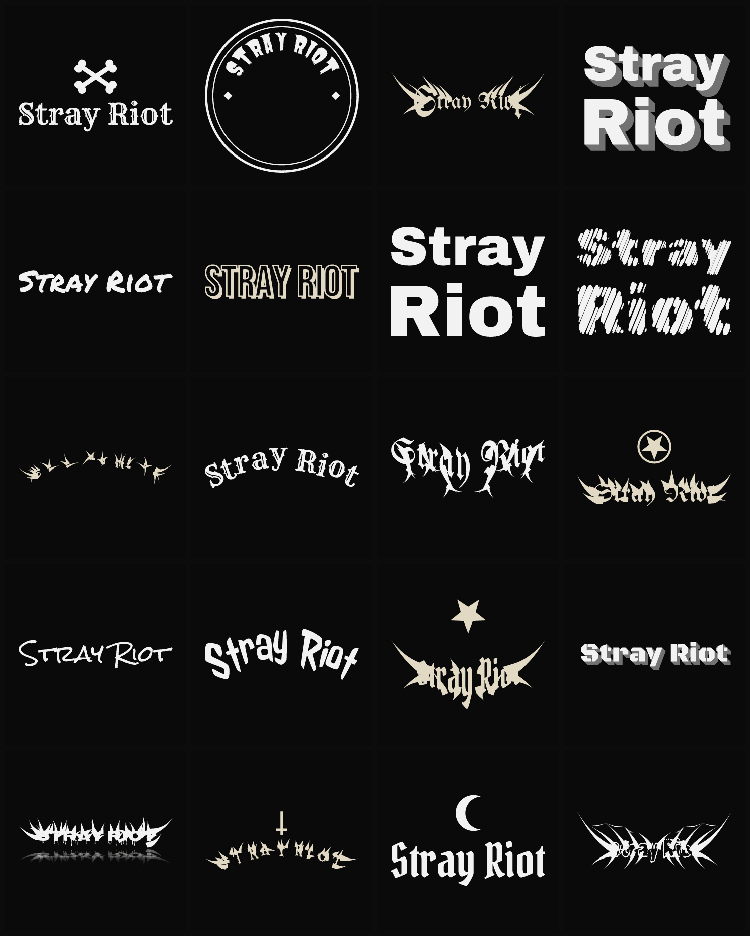 Twenty Stray Riot band logo ideas — different faces, treatments and spike settings