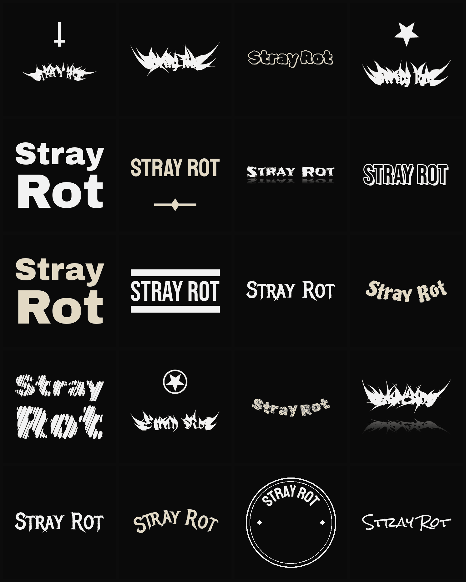 Twenty Stray Rot band logo ideas — different faces, treatments and spike settings