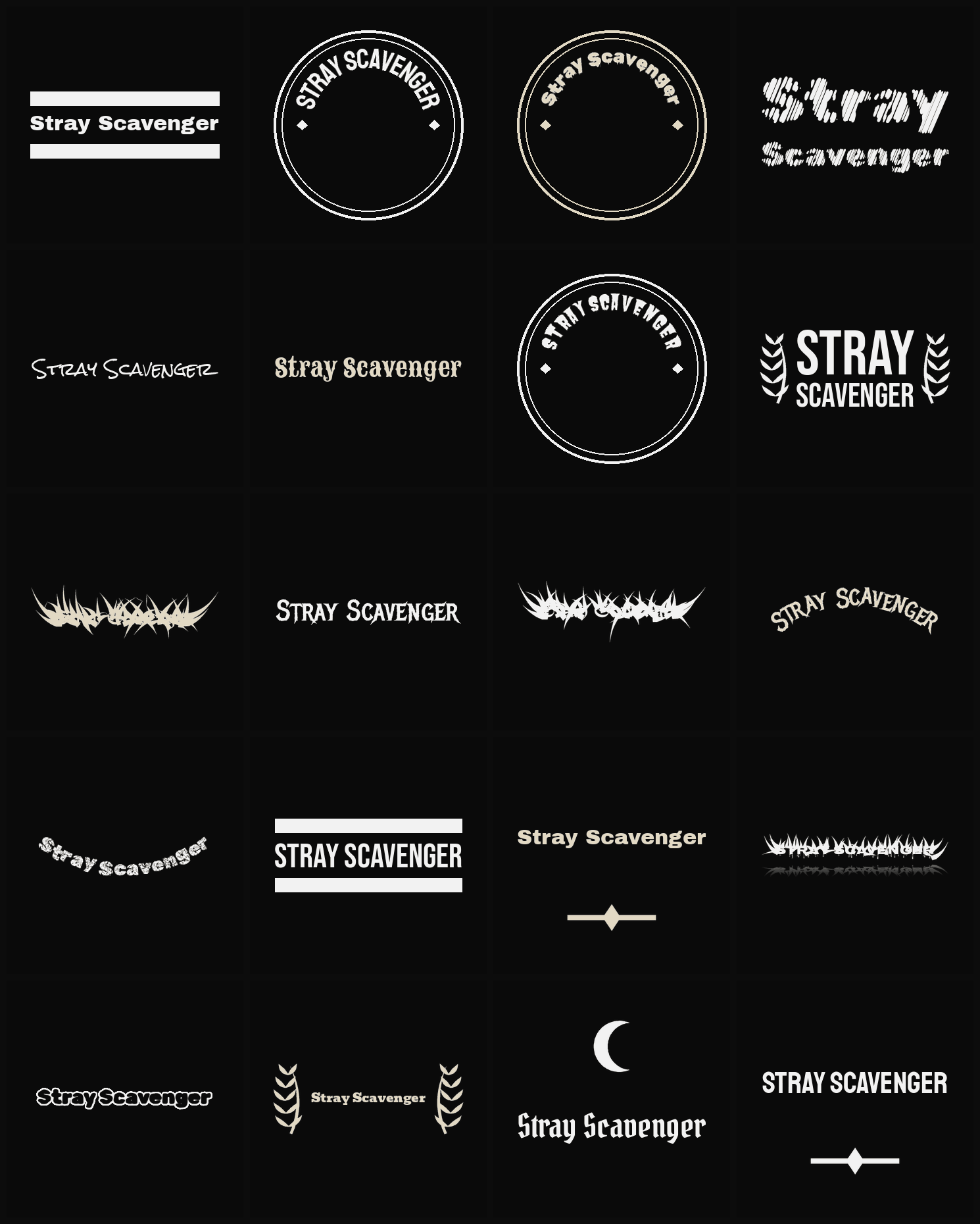 Twenty Stray Scavenger band logo ideas — different faces, treatments and spike settings