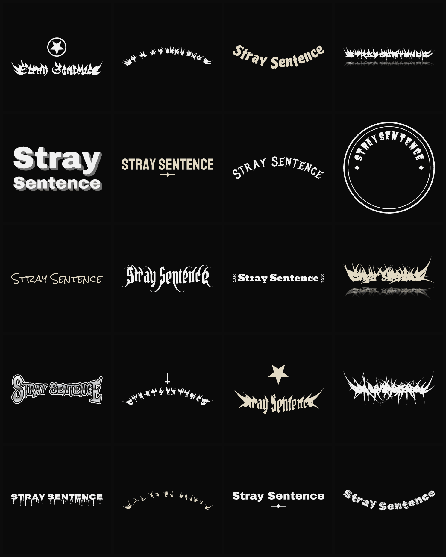Twenty Stray Sentence band logo ideas — different faces, treatments and spike settings