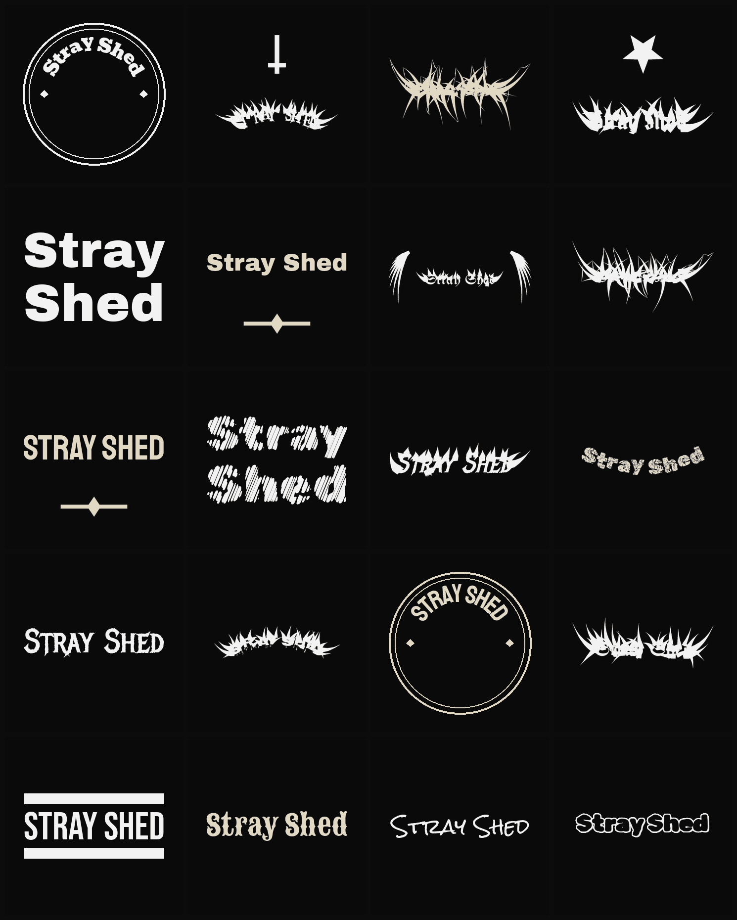 Twenty Stray Shed band logo ideas — different faces, treatments and spike settings