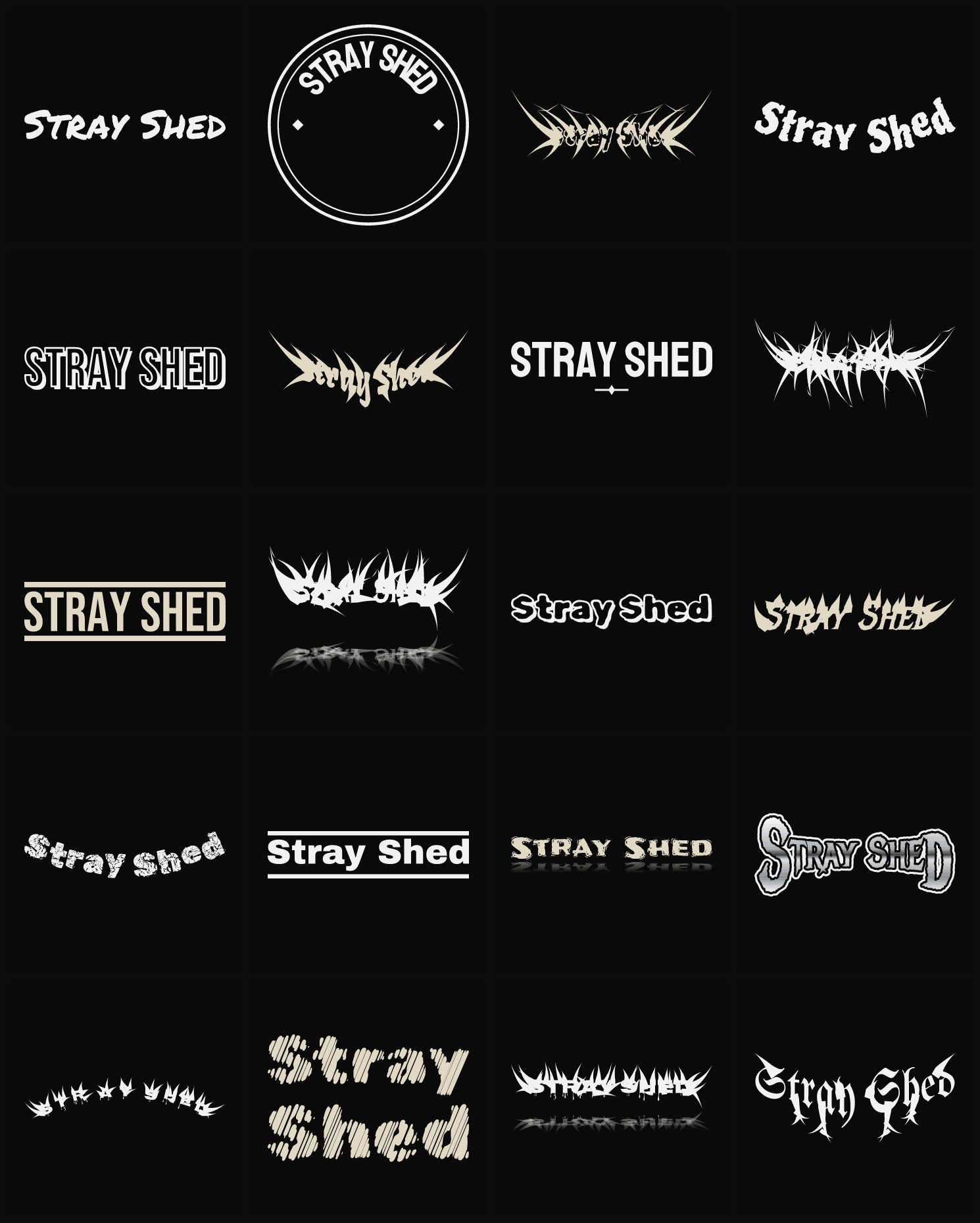 Twenty Stray Shed band logo ideas — different faces, treatments and spike settings