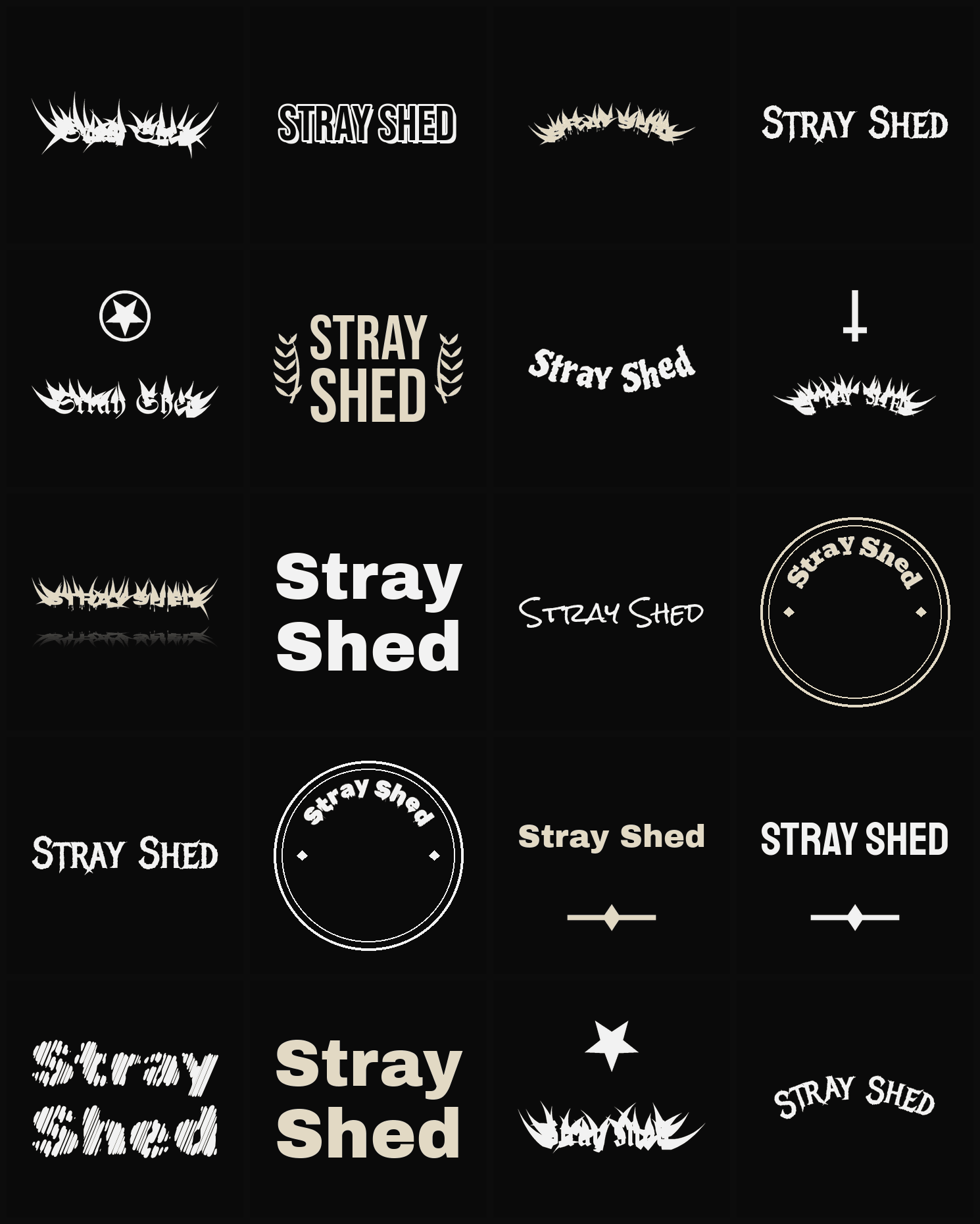 Twenty Stray Shed band logo ideas — different faces, treatments and spike settings