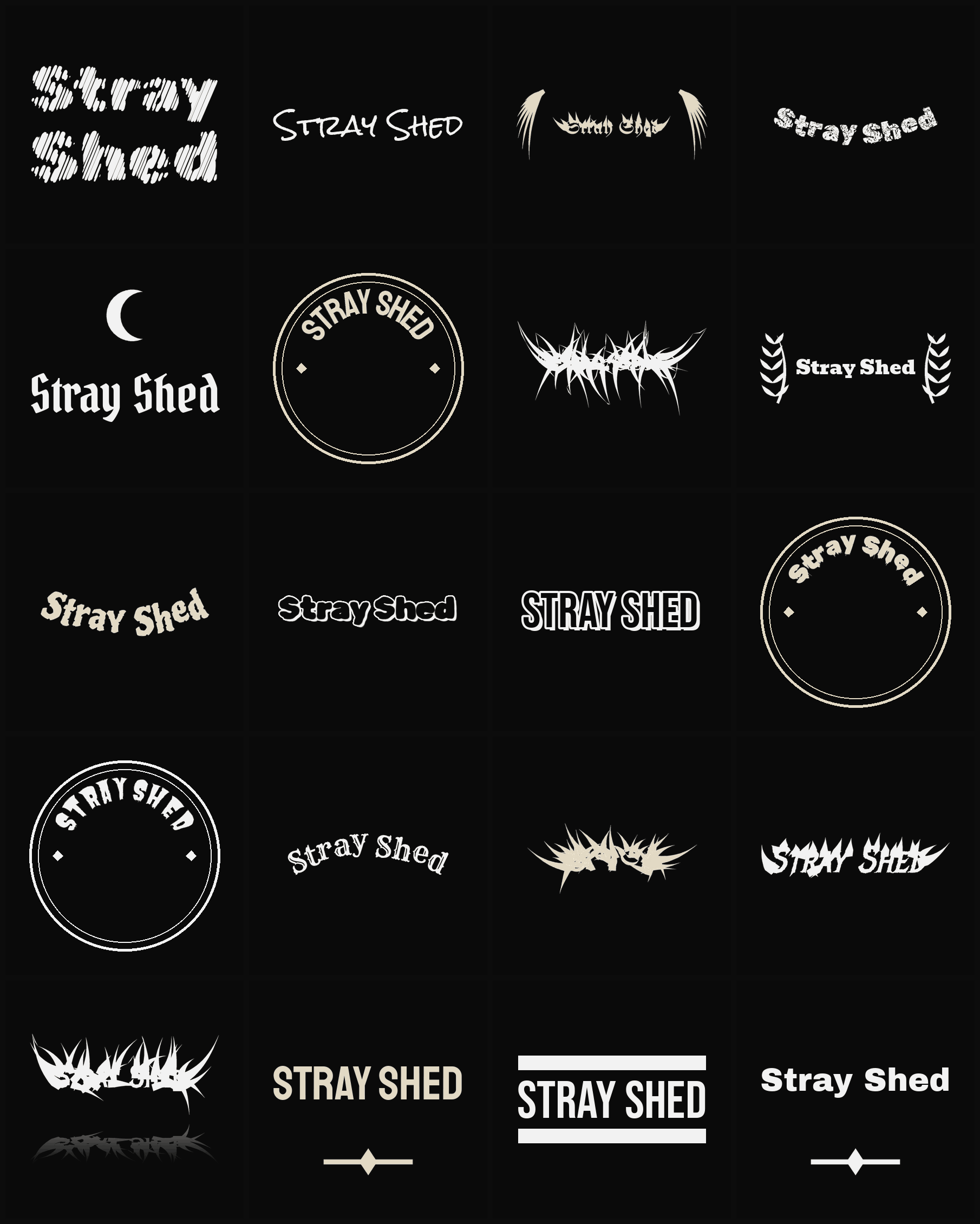 Twenty Stray Shed band logo ideas — different faces, treatments and spike settings