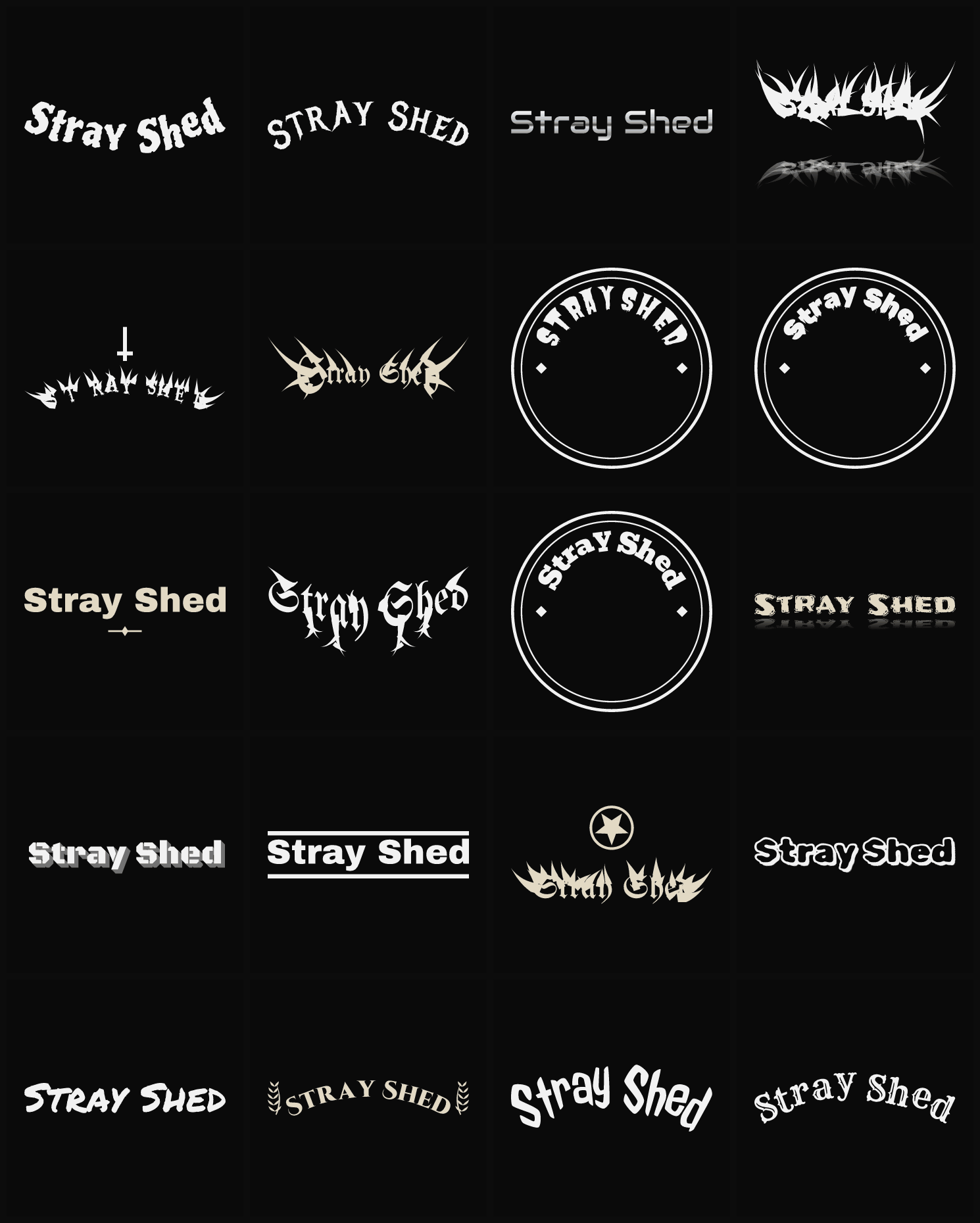 Twenty Stray Shed band logo ideas — different faces, treatments and spike settings