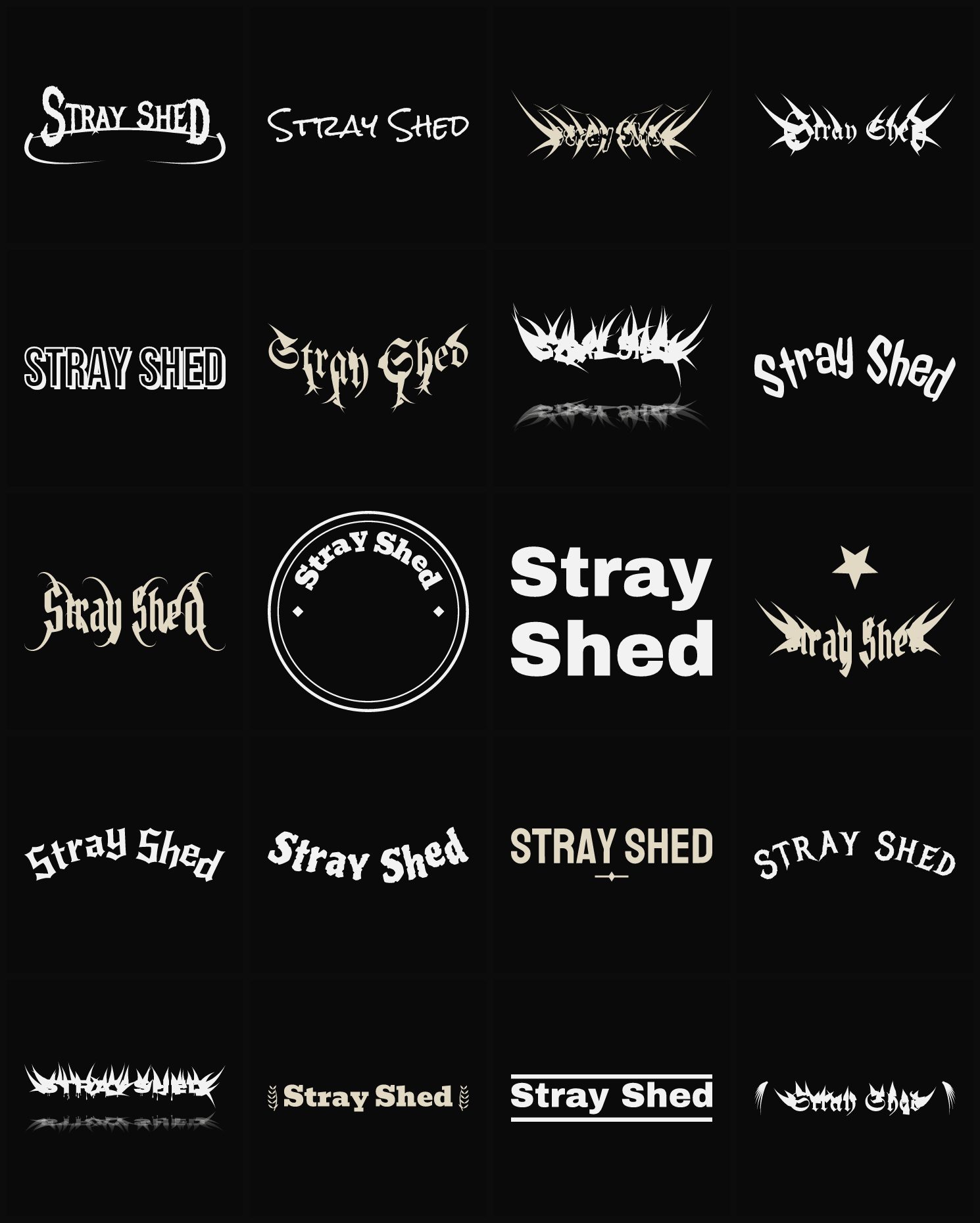 Twenty Stray Shed band logo ideas — different faces, treatments and spike settings