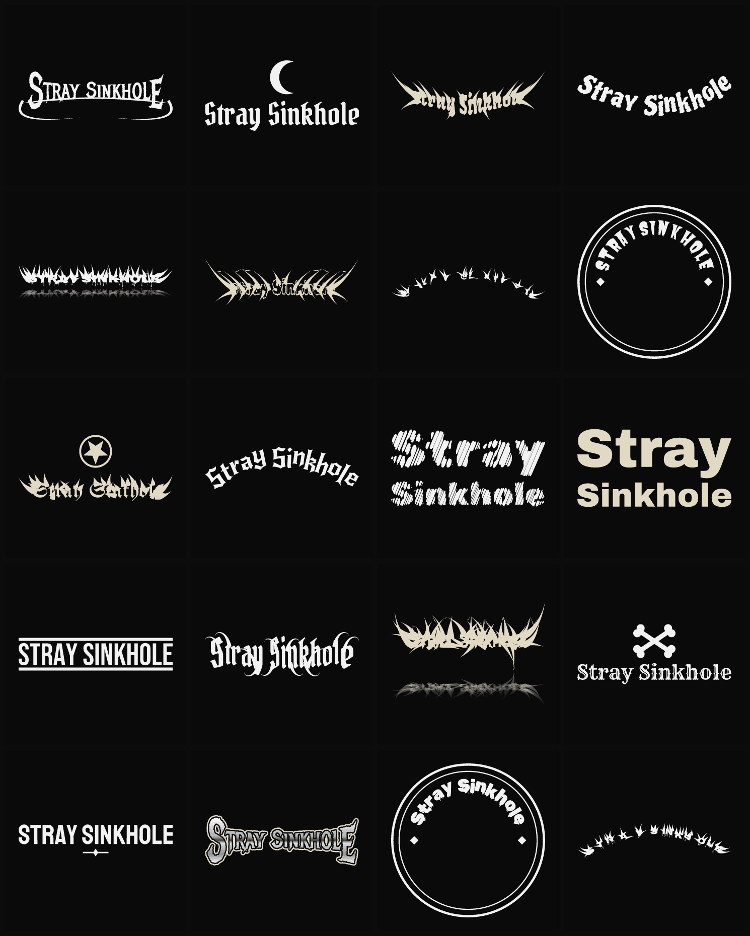 Twenty Stray Sinkhole band logo ideas — different faces, treatments and spike settings