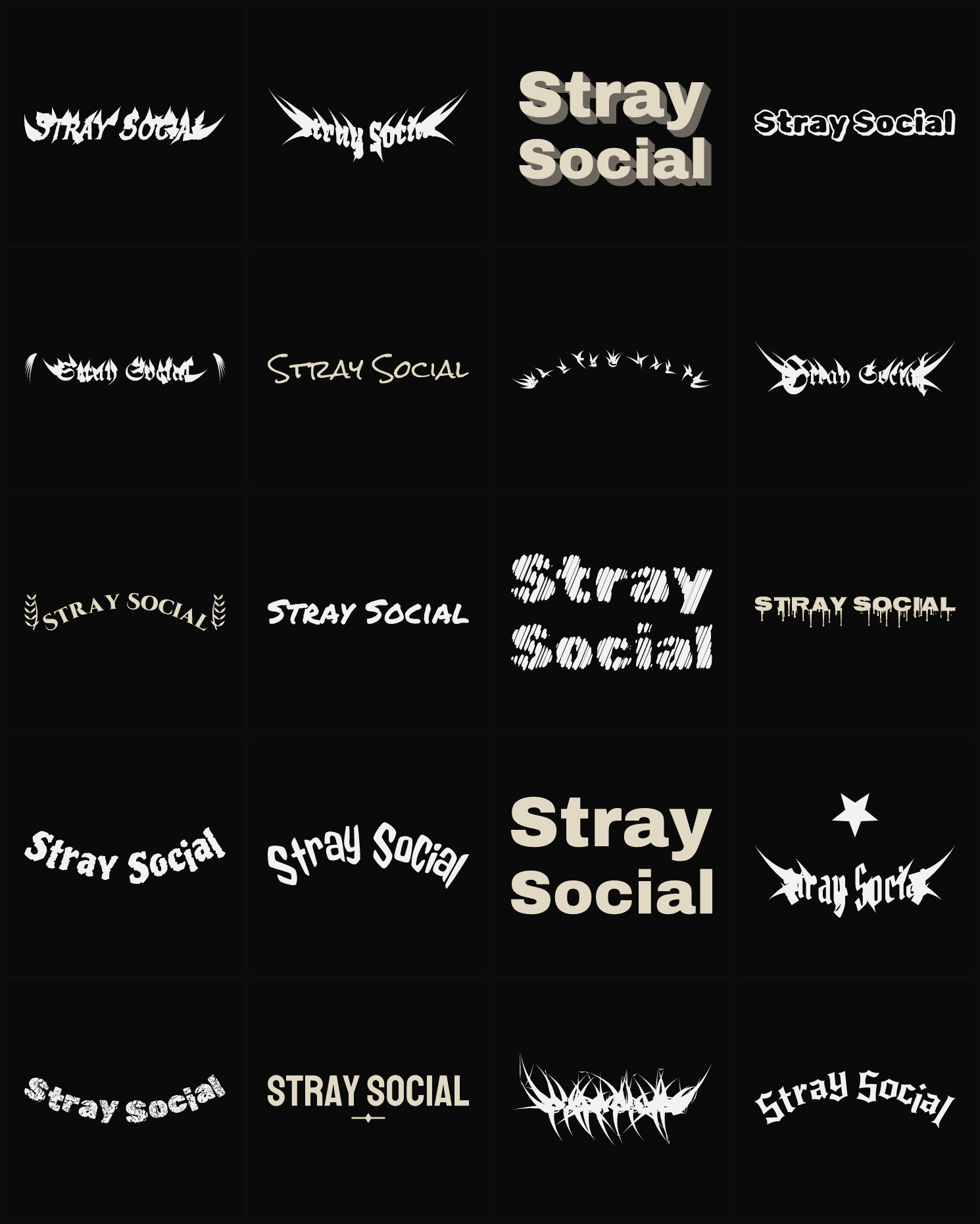 Twenty Stray Social band logo ideas — different faces, treatments and spike settings