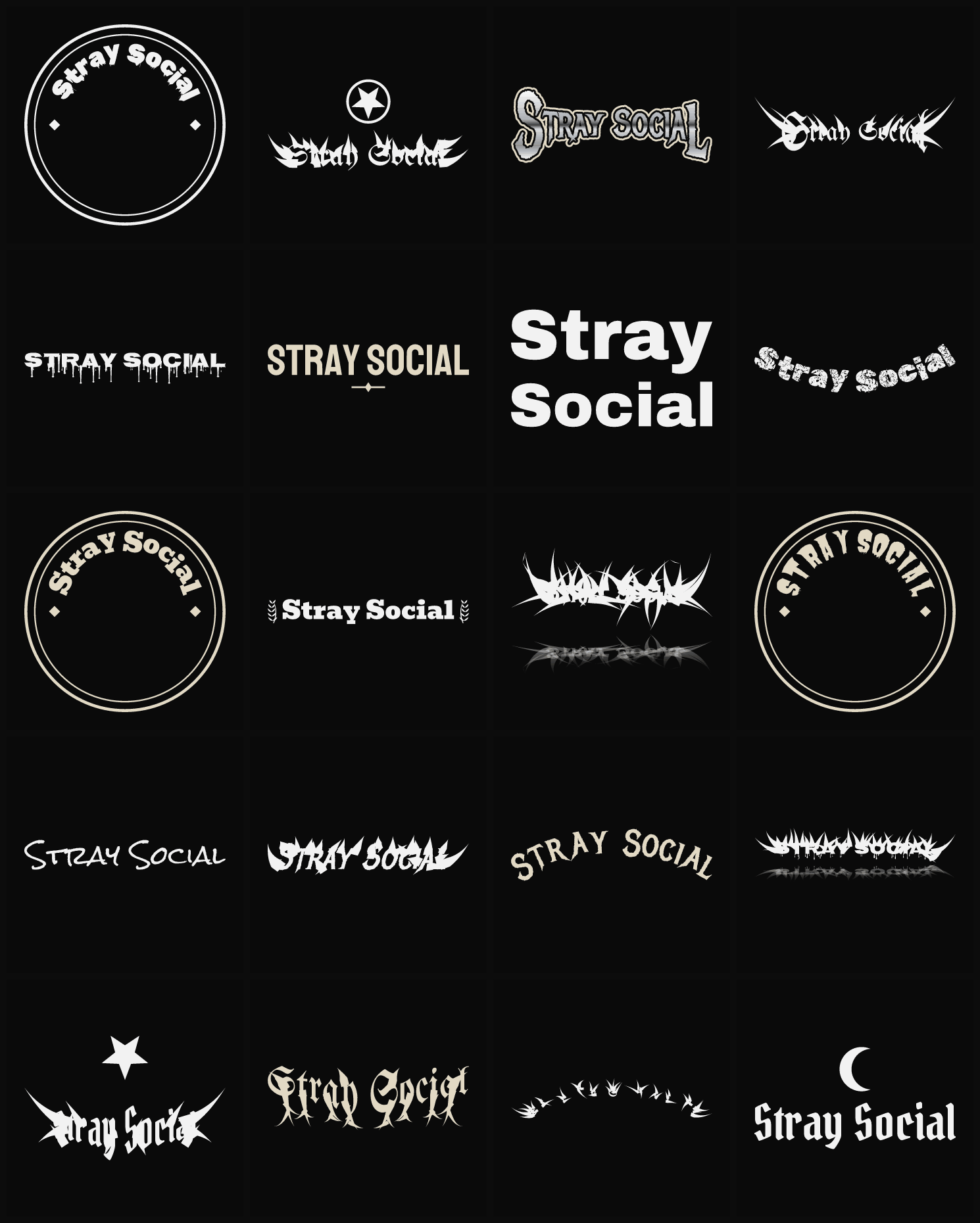Twenty Stray Social band logo ideas — different faces, treatments and spike settings