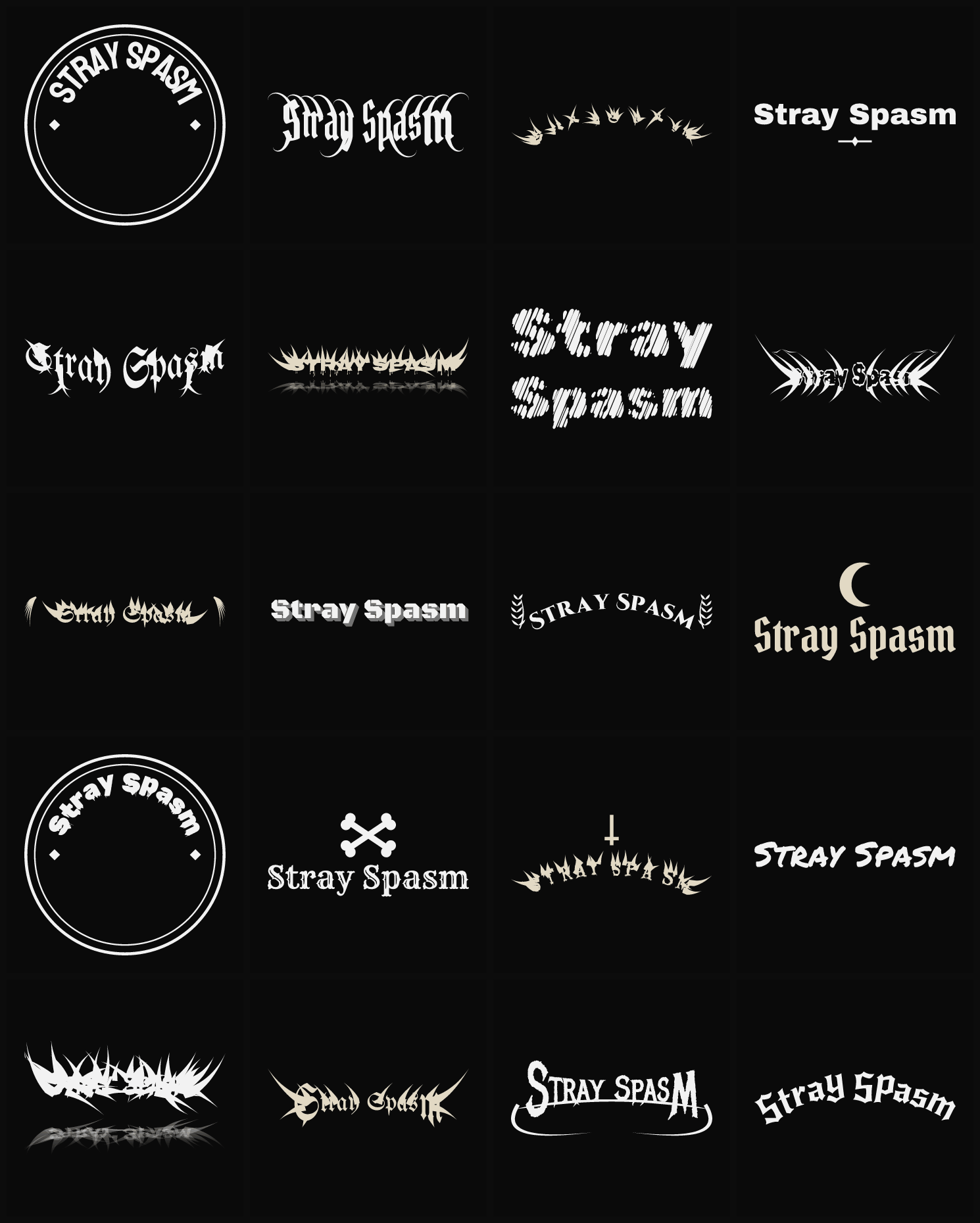 Twenty Stray Spasm band logo ideas — different faces, treatments and spike settings