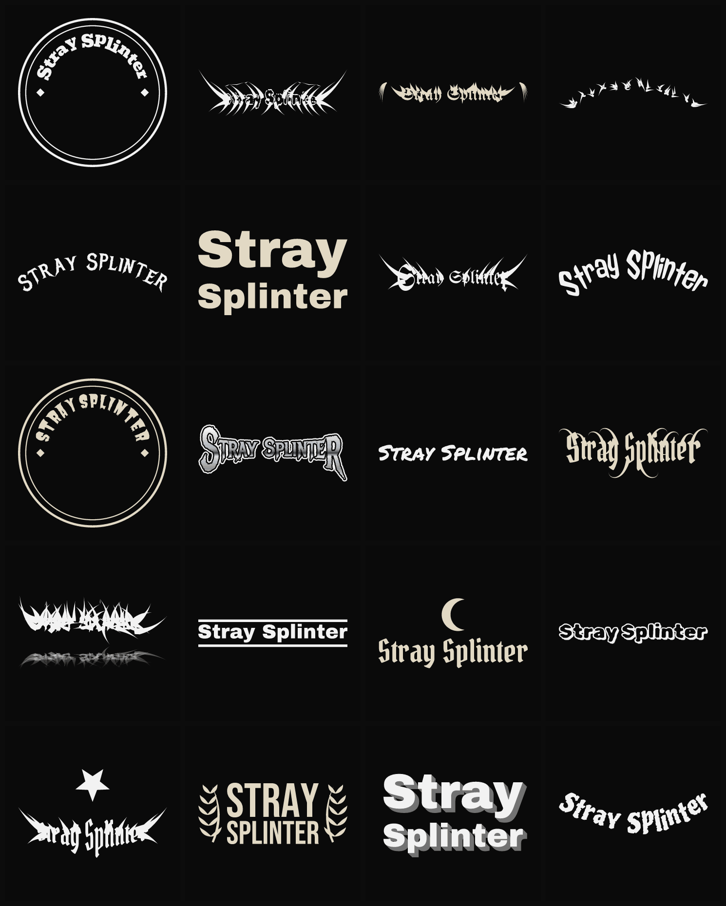 Twenty Stray Splinter band logo ideas — different faces, treatments and spike settings